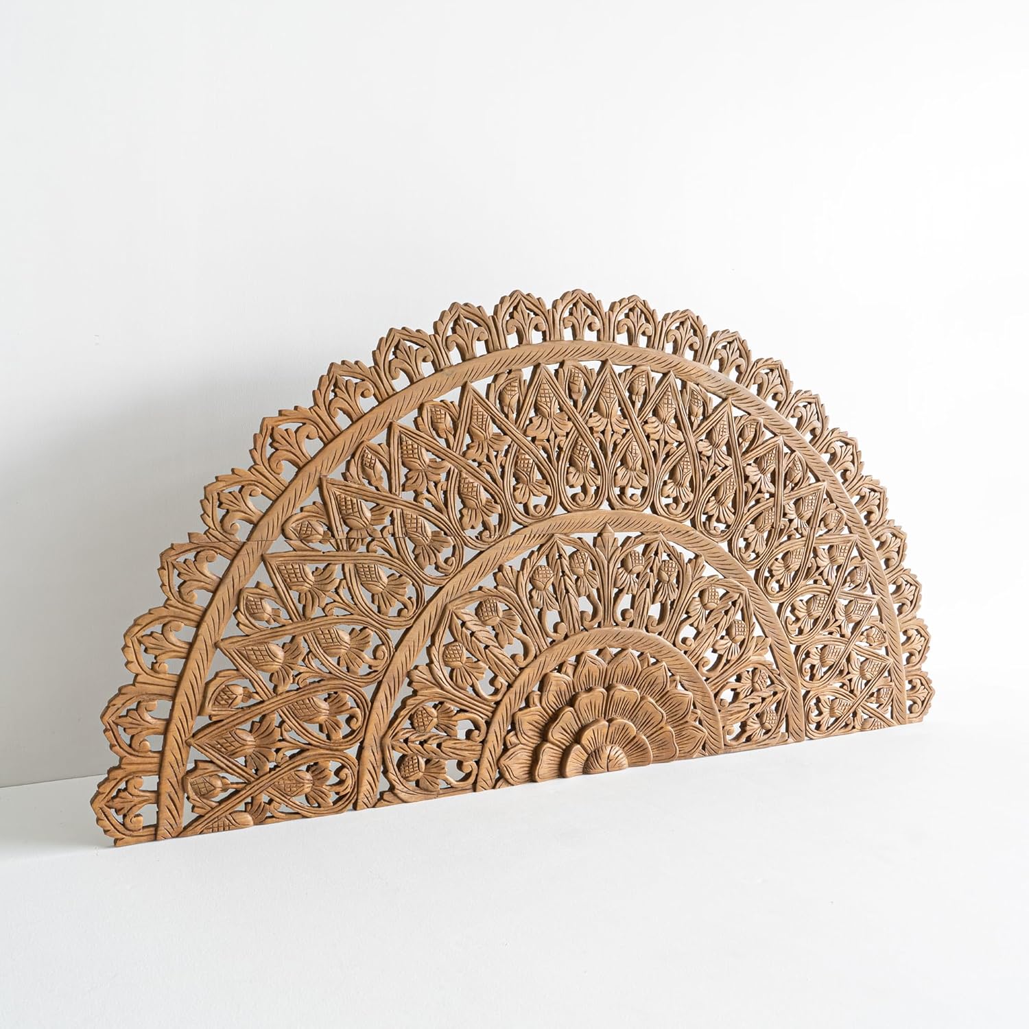 Siam Sawadee Queen Half Moon Wood Headboard, Round Mandala Carving Crafted in Upcycled Teak, Lifetime Wooden Furniture Handmade in Thailand, Wall Art Hanging, 60x30 inches