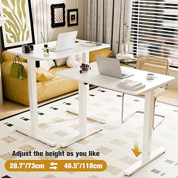 ERGOMAKER Electric Standing Desk 90x60cm, 2 Memory Heights, White | Height Adjustable Desk, 73-118cm, Heavy Duty Steel Sit Stand Desk, 2 Hooks, Smart Panel, Spliced Tabletop, for Home Office