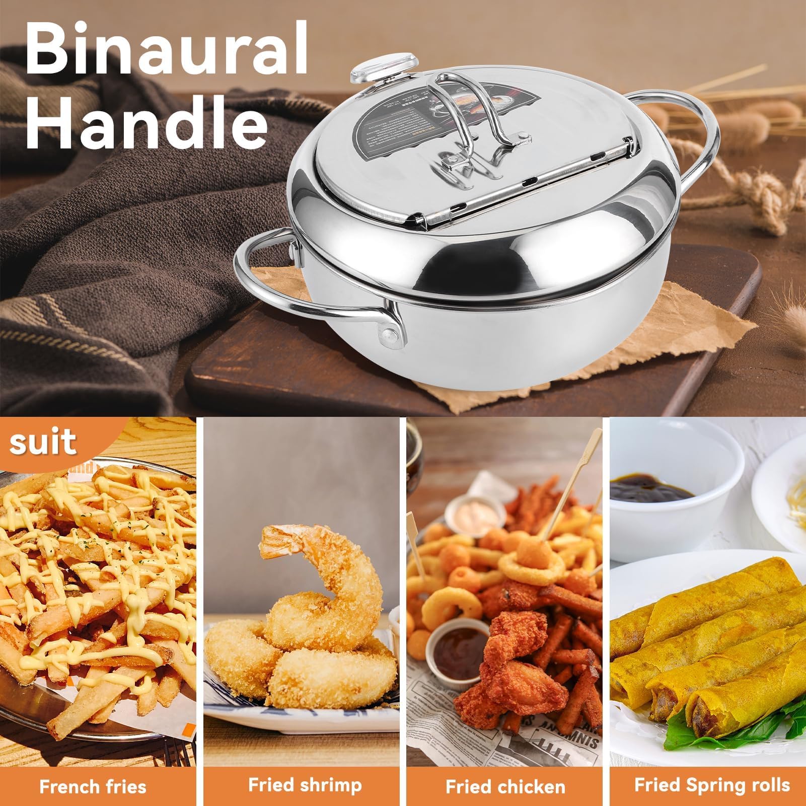 Tempura Casserole profonde japonaise avec thermomètre, compatible avec cuisinière à induction 20 cm, en acier inoxydable 304 pour frites, crevettes