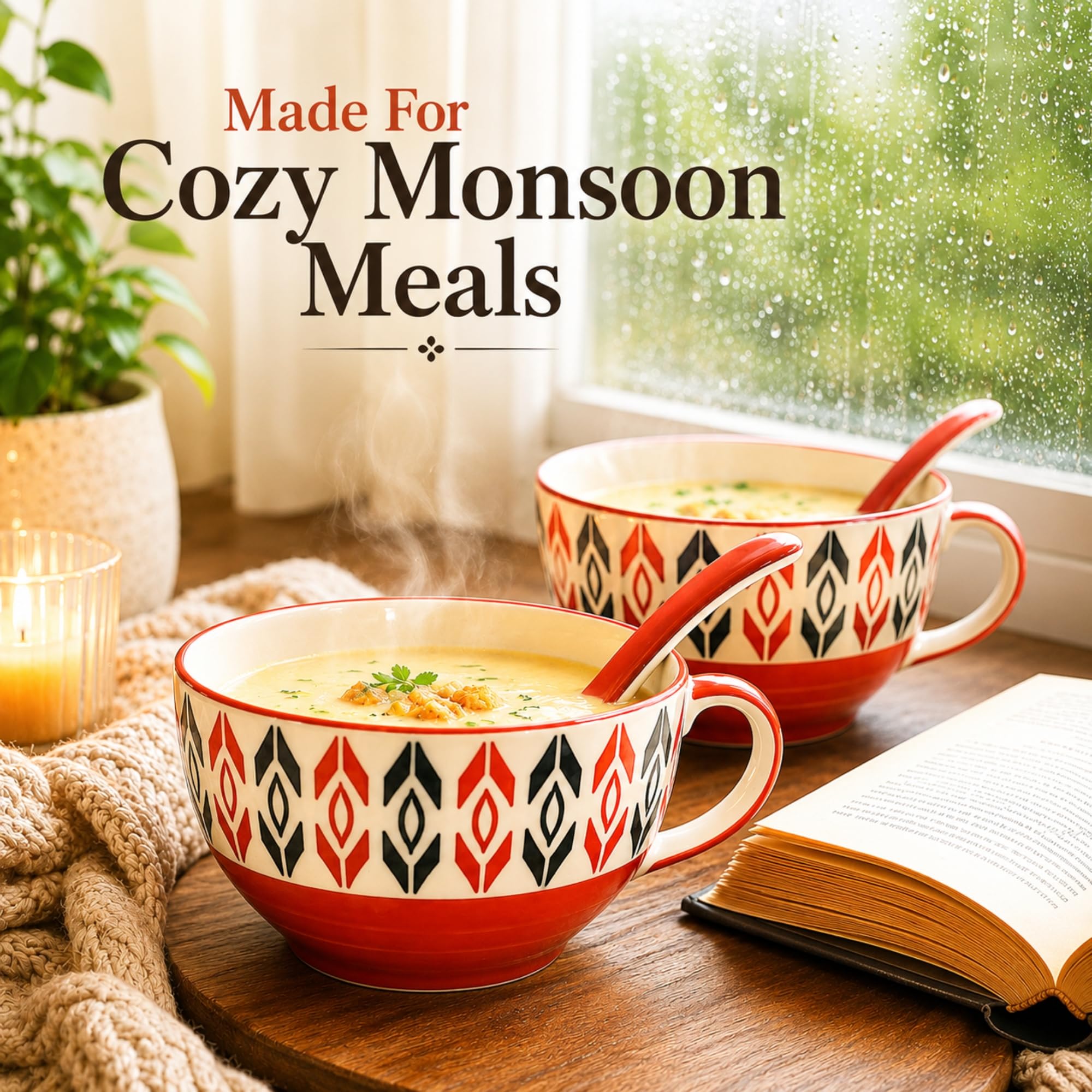 KITTENS Handpainted Ceramic Soup Bowl Set of 2 with Spoons (300ml) | Microwave & Dishwasher Safe | Ceramic Bowls for Soup, Ramen, Noodles, Curry & Dessert | Red & Black Handmade Design 3