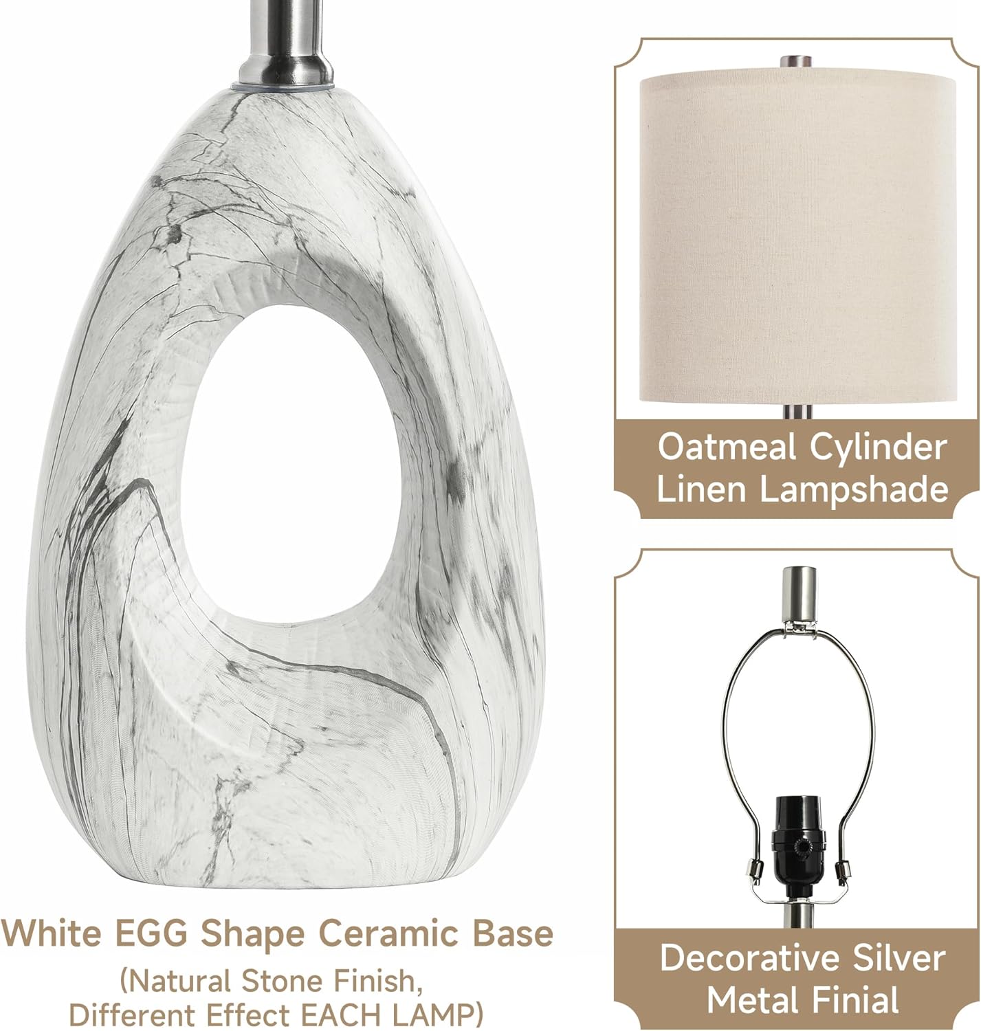 20" White Ceramic Lamps Set of 2 for Bedroom, Small Lamps for Nightstand Set of 2, Ceramic White Table Lamps for Living Room, Small White Lamps, Modern Marble Lamp for Kitchen Countertop End Table