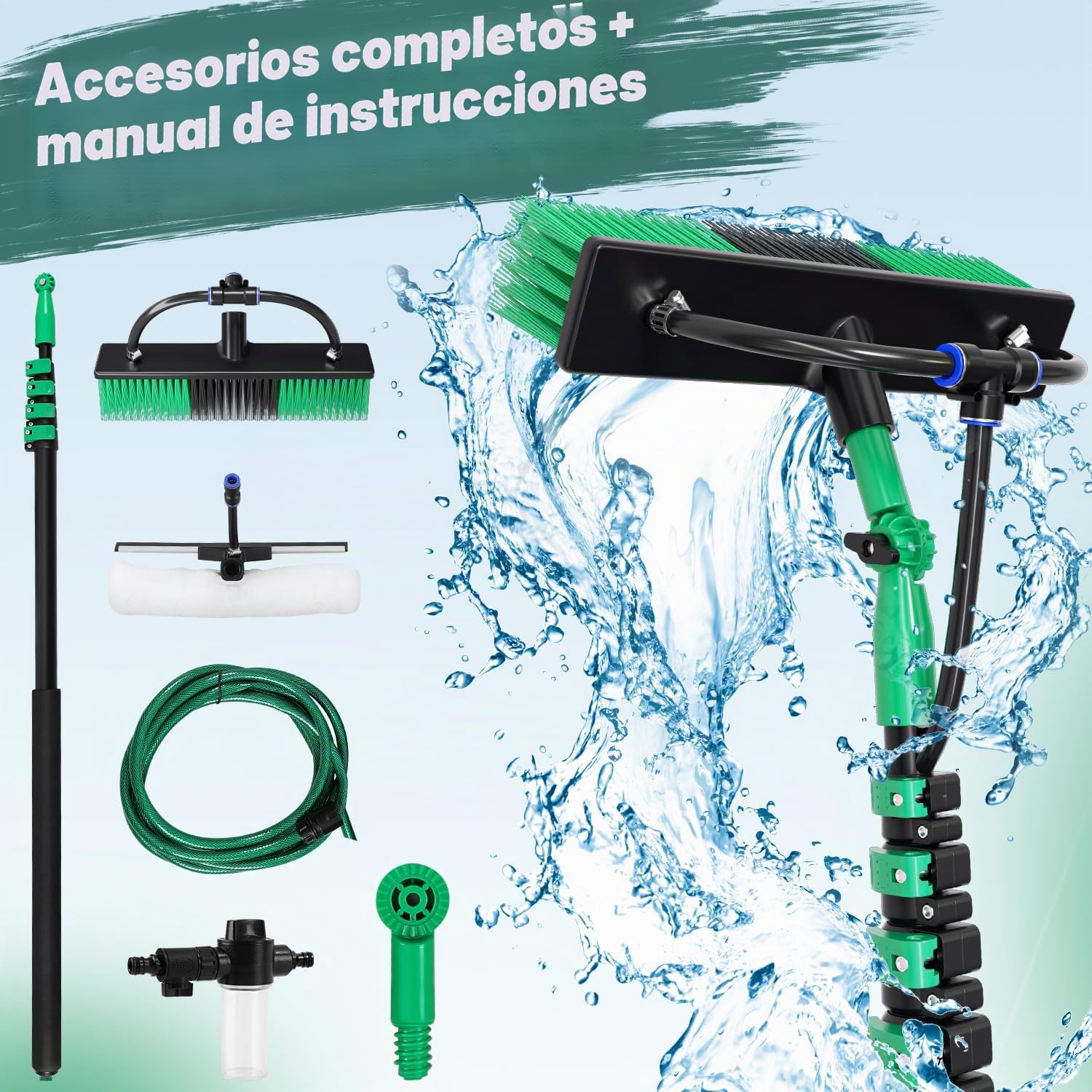 Limpiador de ventanas telescópico, 3,6 m, juego profesional de cepillo de lavado, pulverizador con depósito de espuma, extractor y 10 accesorios