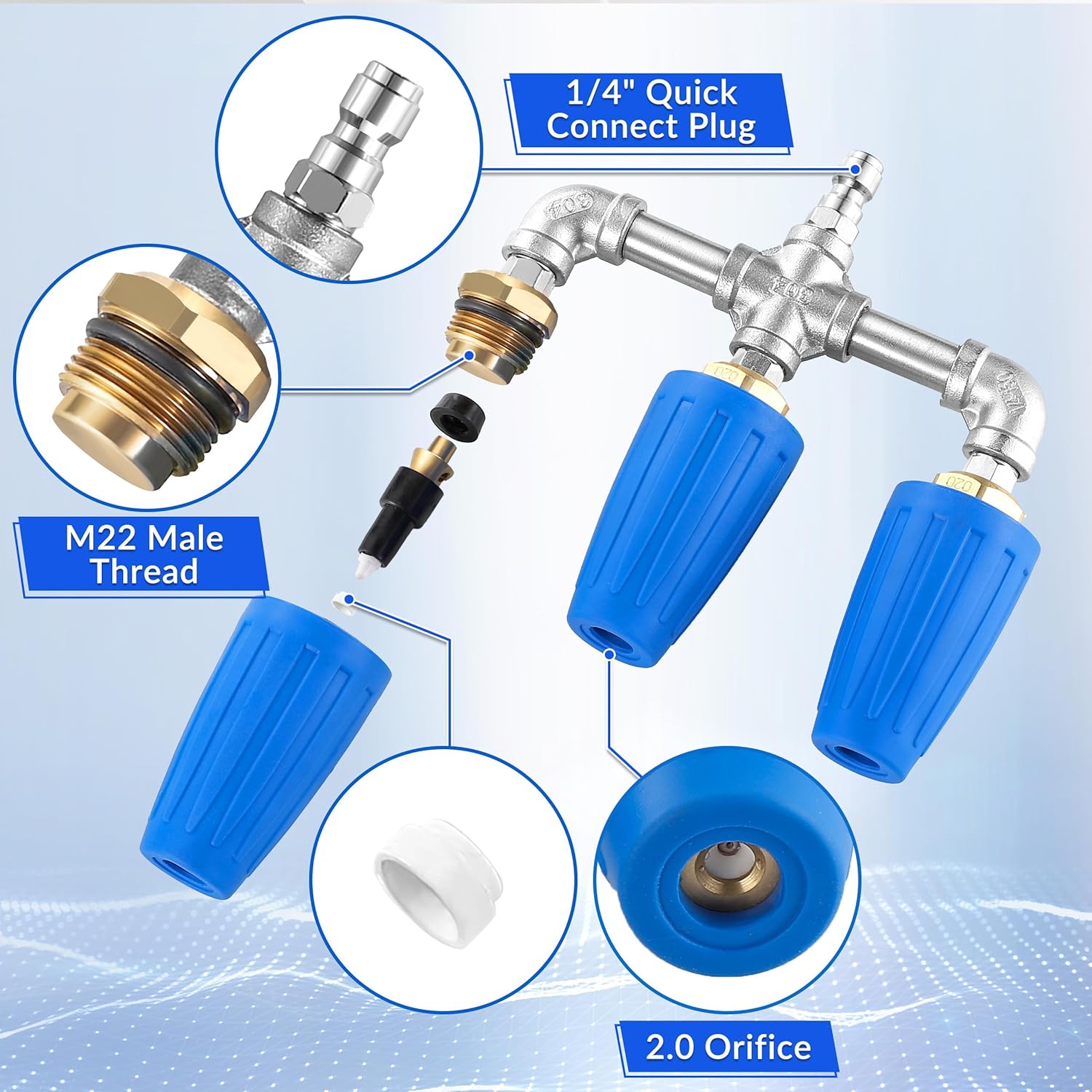 Triple Turbo Nozzle Pressure Washer, 3-in-1 Power Washer Turbo Nozzle with 1/4" Quick Connect, 360° Rotating Turbo Nozzle Tip- 4000 PSI, 4-6 GPM, 2.0 Orifice, Blue