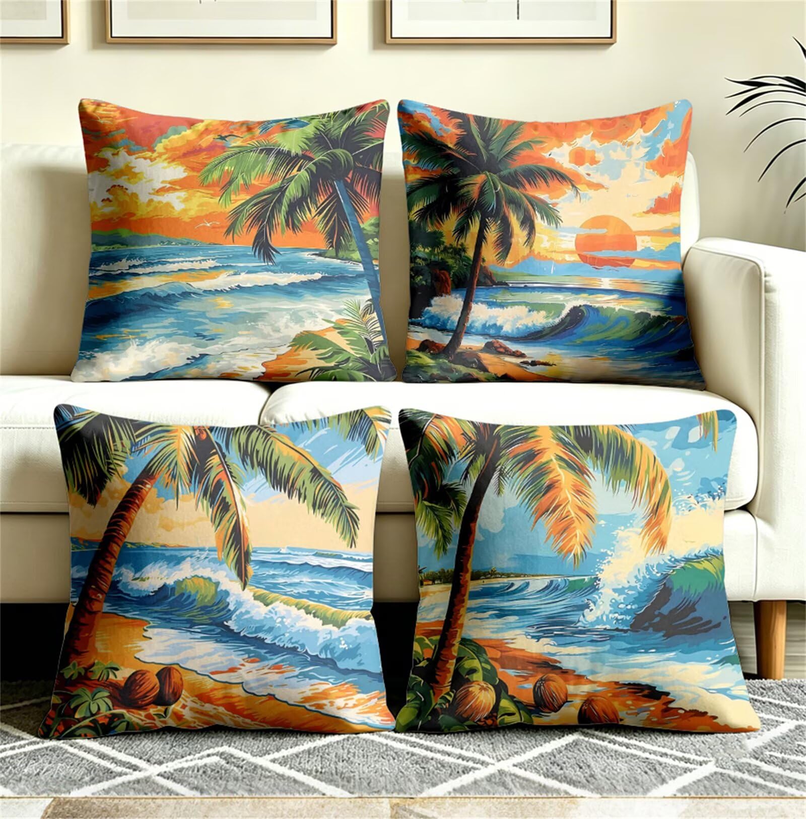 Fodere per Cuscini 45x45 cm Set di 4 Federe Cuscini Divano Onde Piante Tropicali Lavabile Lino Tessuto Quadrato Federa per Divano Camera da Letto Auto Sedia Casa Decoro