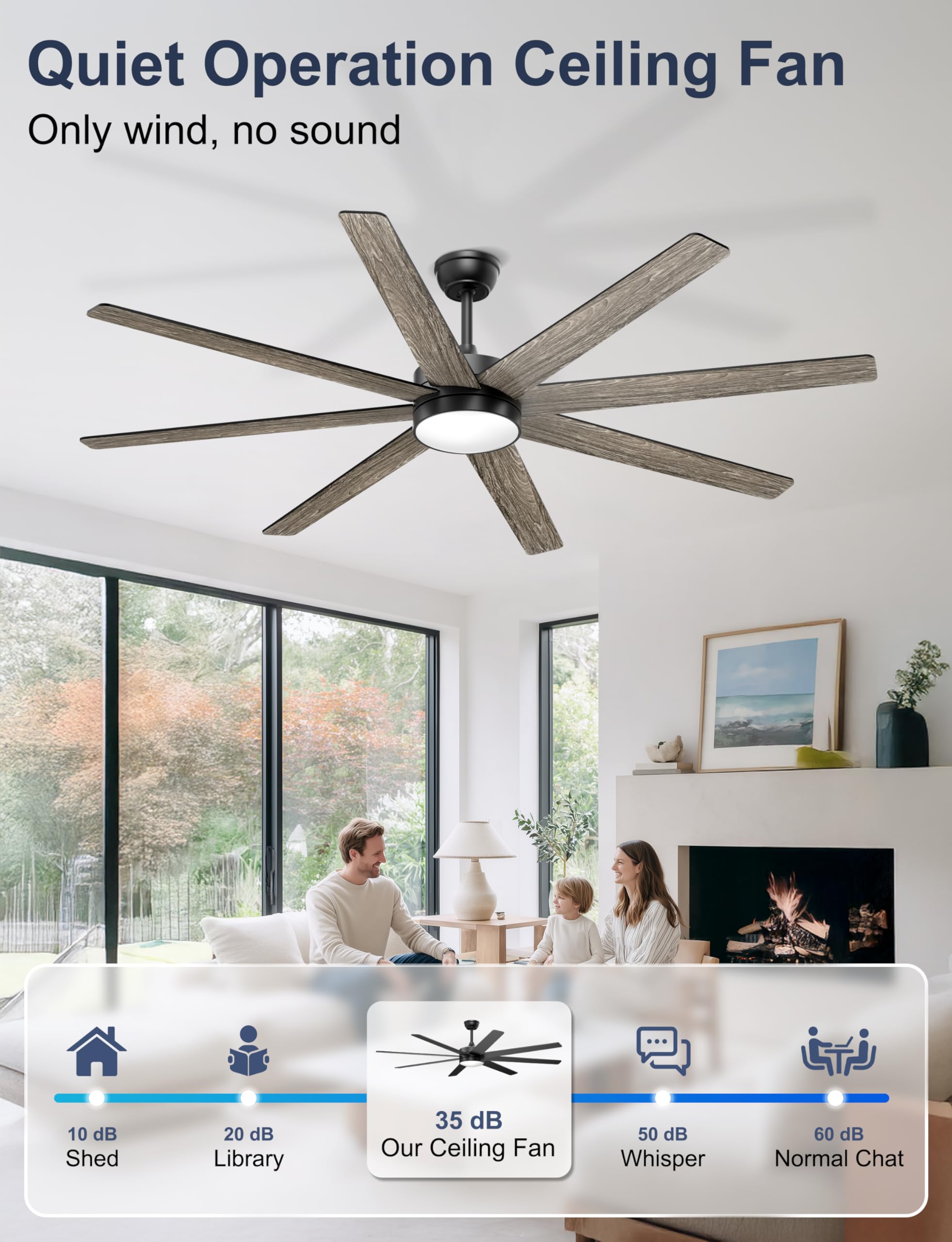 72 Large Ceiling Fans with Lights Modern Black Ceiling Fan Remote APP Control Dimmable Quiet DC Motor Big — view 6