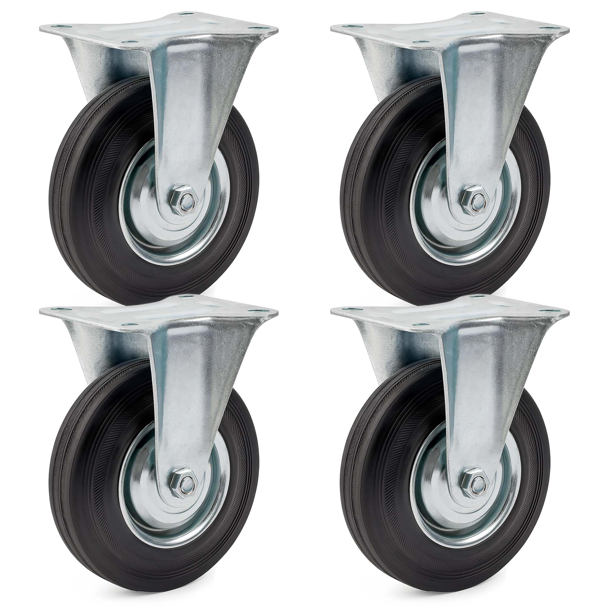 Wiltec Kit de 4 Roulettes fixes – Ø 200 mm – Capacité de charge 150 kg – Roue en caoutchouc avec Plaque de montage et Jante métallique – Dispositif de transport, usage sans traces