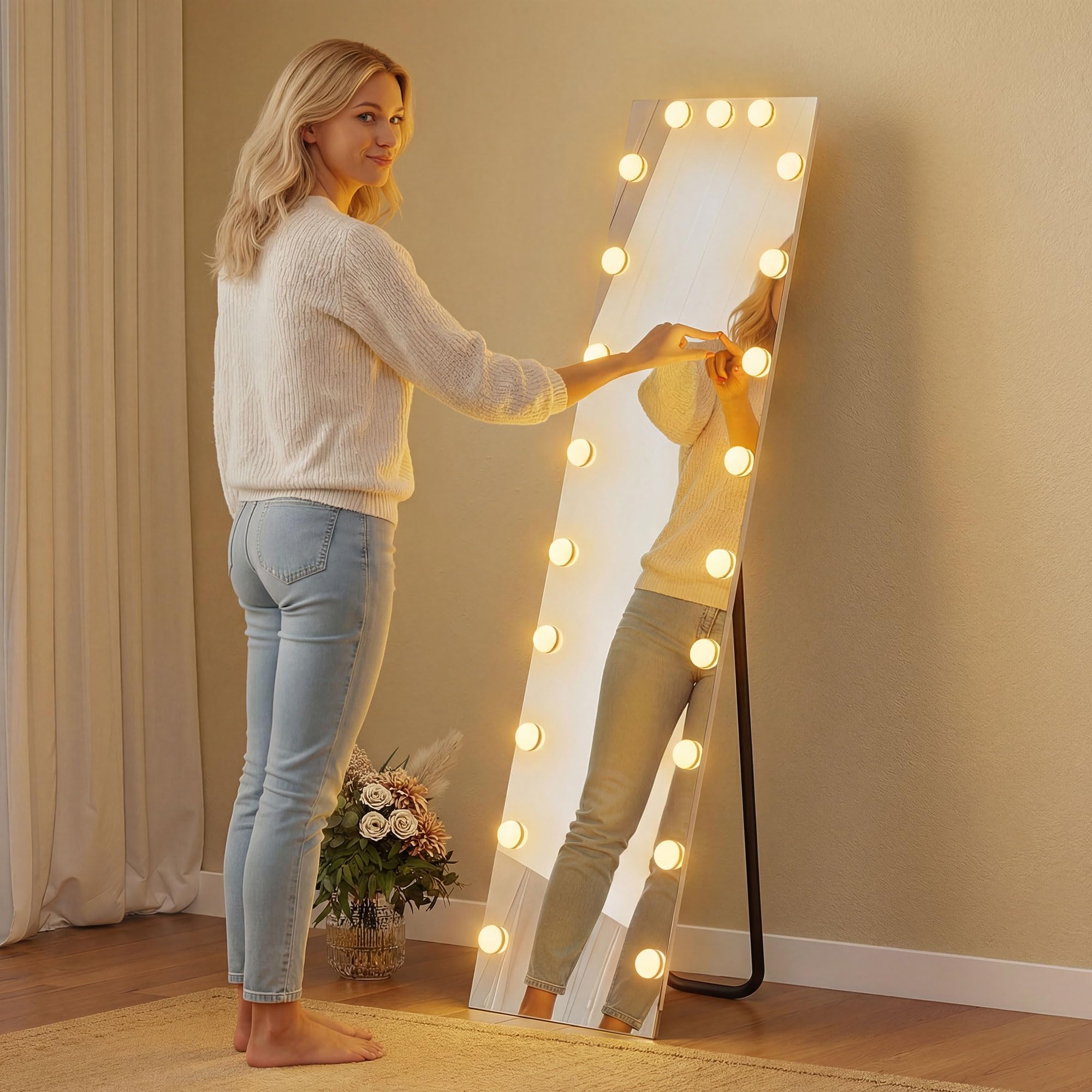 HOMCOM Ganzkörperspiegel 150 x 40 cm RGB-LED Standspiegel mit 21 Glühbirnen 7 Lichtfarbe Hollywood Wandspiegel mit Touch-Schalter, Memory-Funktion anlehnbar Spiegel für Schlafzimmer Wohnzimmer