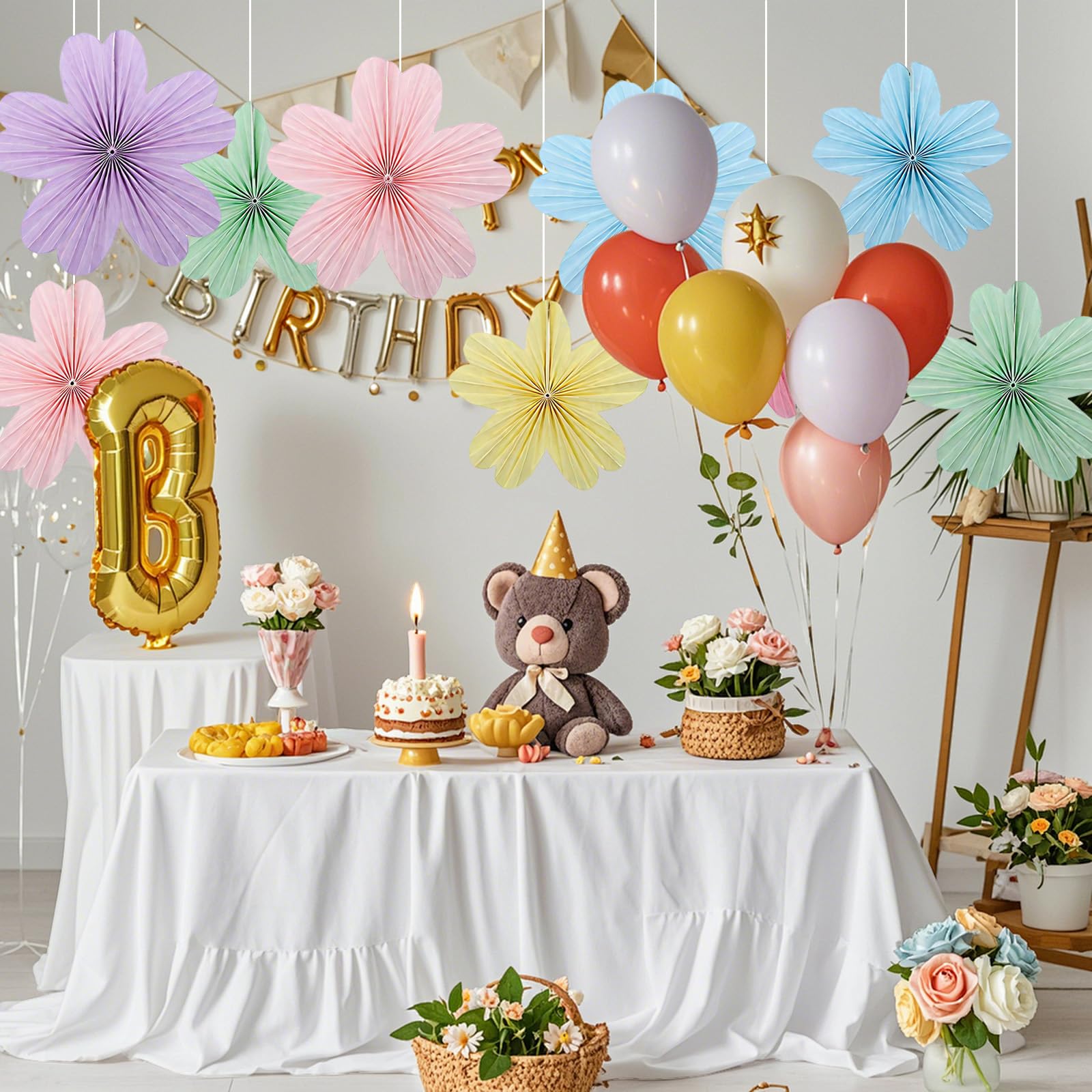 9 Piezas Flores de Papel Decoración de Fiesta, Flor de Decoracion Fiesta de Pared Colgante, Hecho a Mano Flor de Abanicos de Papel, Adecuado para La Decoración de Cumpleaños