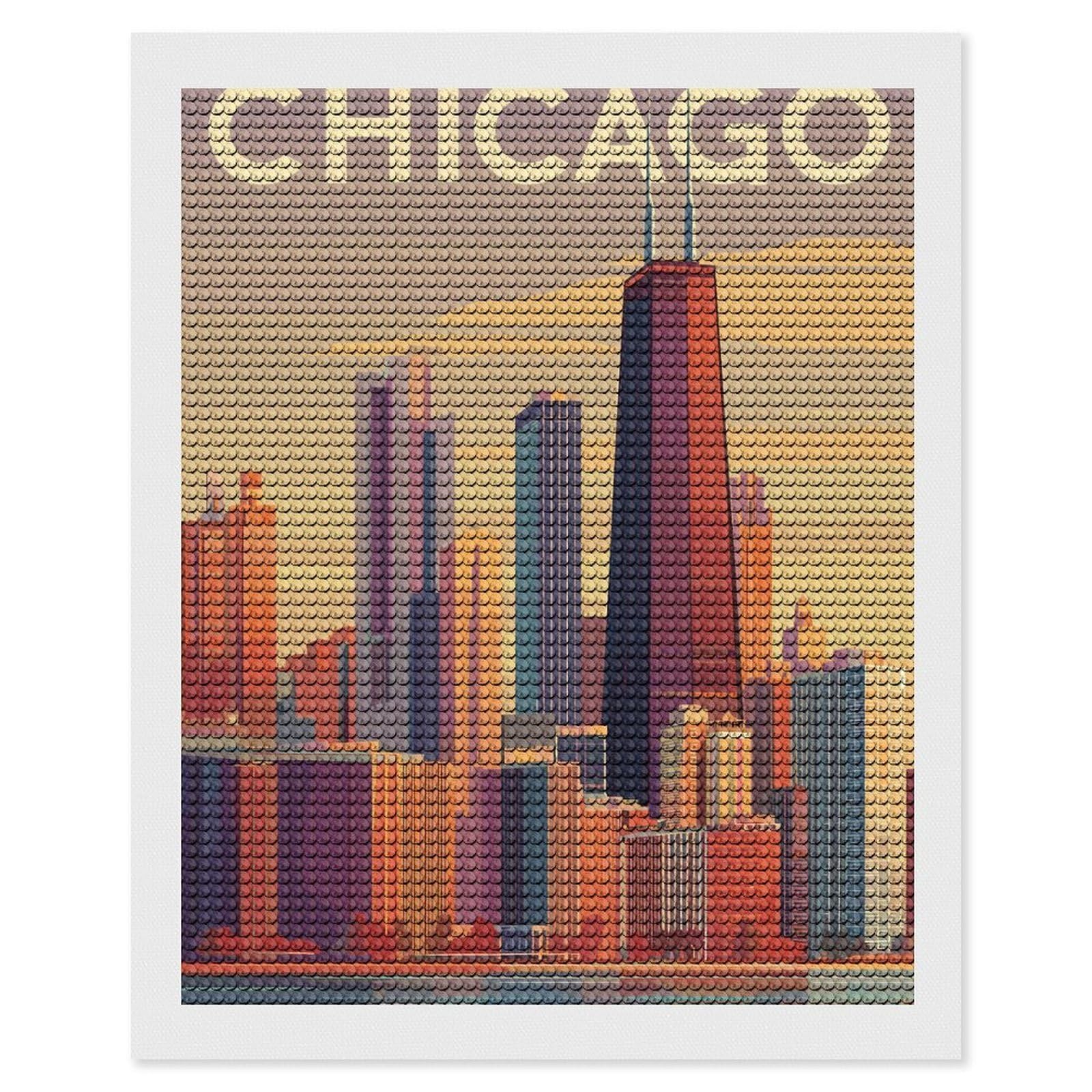 Junmoney Chicago Skyline Illustration(2) DIY Diamond Art Canvas Kit 16"x20", Winter Craft, Mindful Craft Project, Aesthetic Room Decor, Decor Project