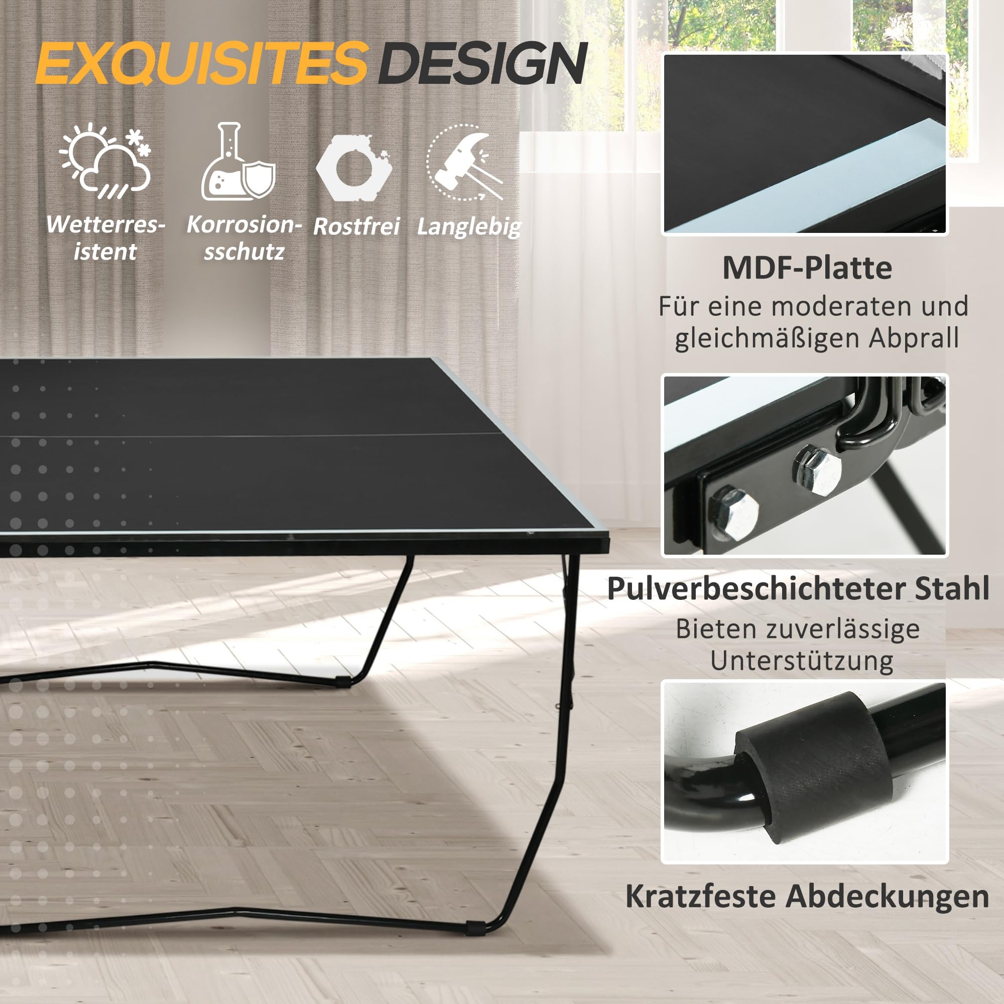 SPORTNOW Tischtennisplatte, Große Tischtennistsich mit klappbares Untergestell Netz, Rollen, 2 Tischtennisschlägern 3 Bällen, Schneller Aufbau, Stahl, Schwarz, 274 x 152,5 x 76 cm