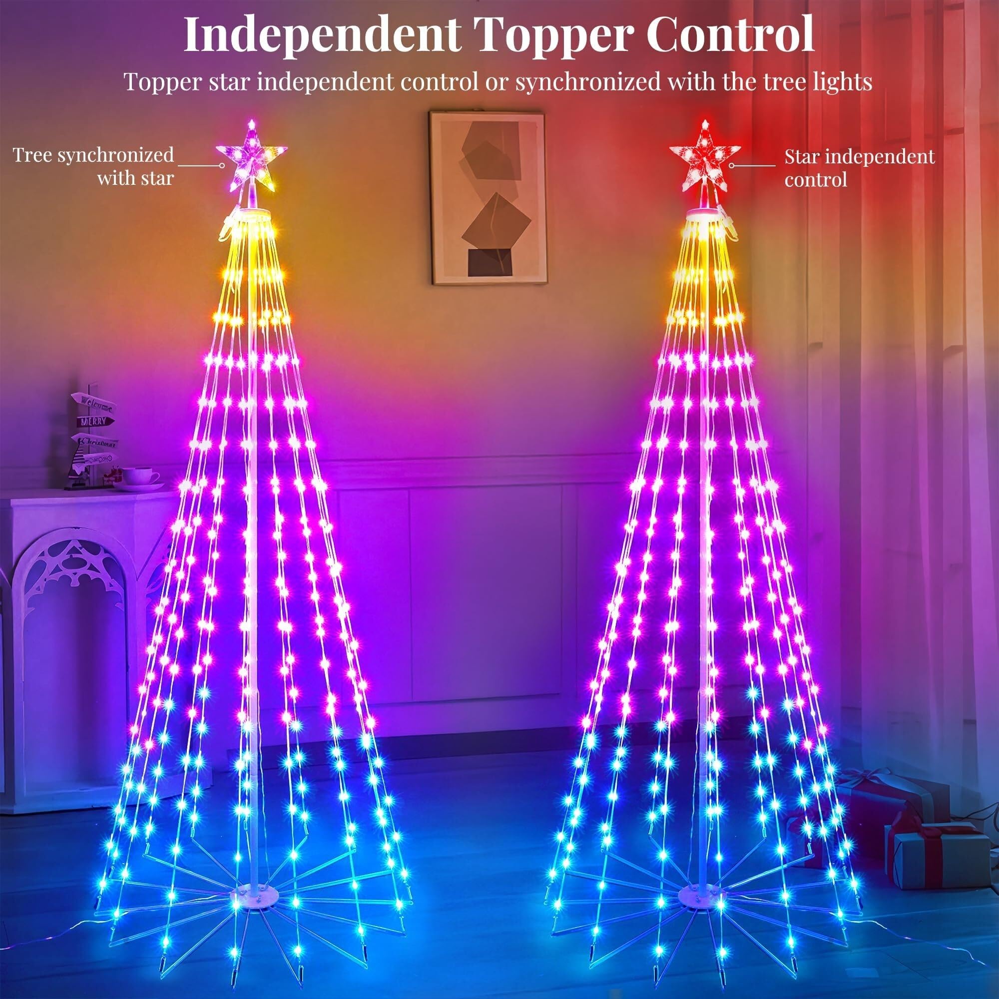 Smart Luci Albero di Natale con Stella, 265 LED RGB Cono di Luce Albero Esterno Interno Catena Luminosa da Natalizie Decorazioni, Controllato APP (188cm)