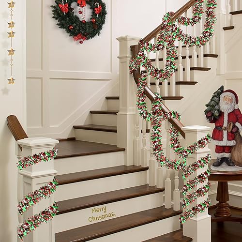 Miniatura 5 de Guirnalda metálica de oropel de 50 pies, decoración colgante para árbol de Navidad (rojo, verde y plateado) para uso en interiores y exteriores