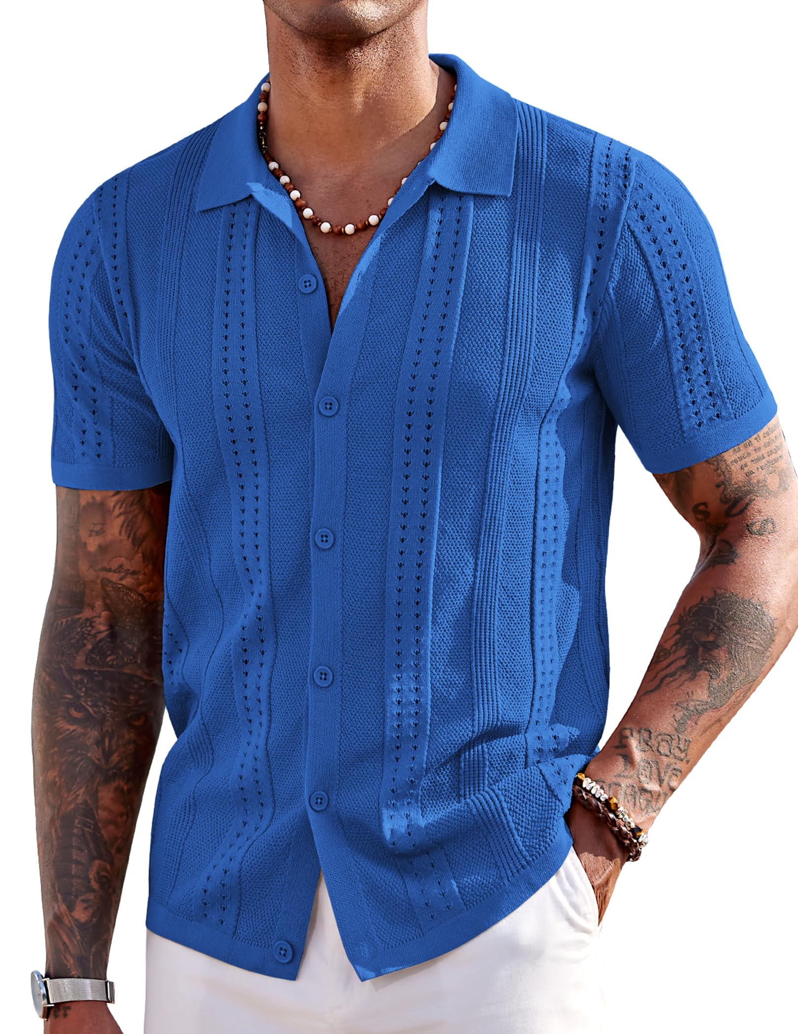 COOFANDY Men's Short Sleeve Knit Shirts Casual Button Down Polo Shirt Summer Beach Tops Royal Blue