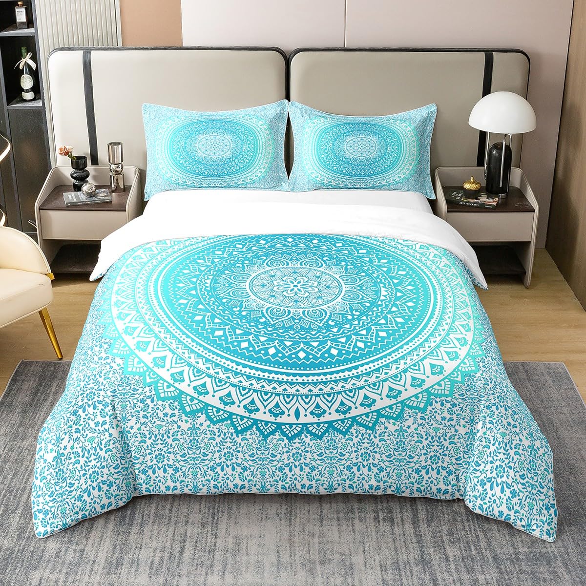 Richhome Girls Teal Boho Mandala 100% Natural Cotton Duvet Cover Watercolor Gradient Exotic Flowers Bedding Set For Kids Teens Adults Women Blooming Plants Bohemian Style Quilt Cover With 2 Pillowcases Double Size