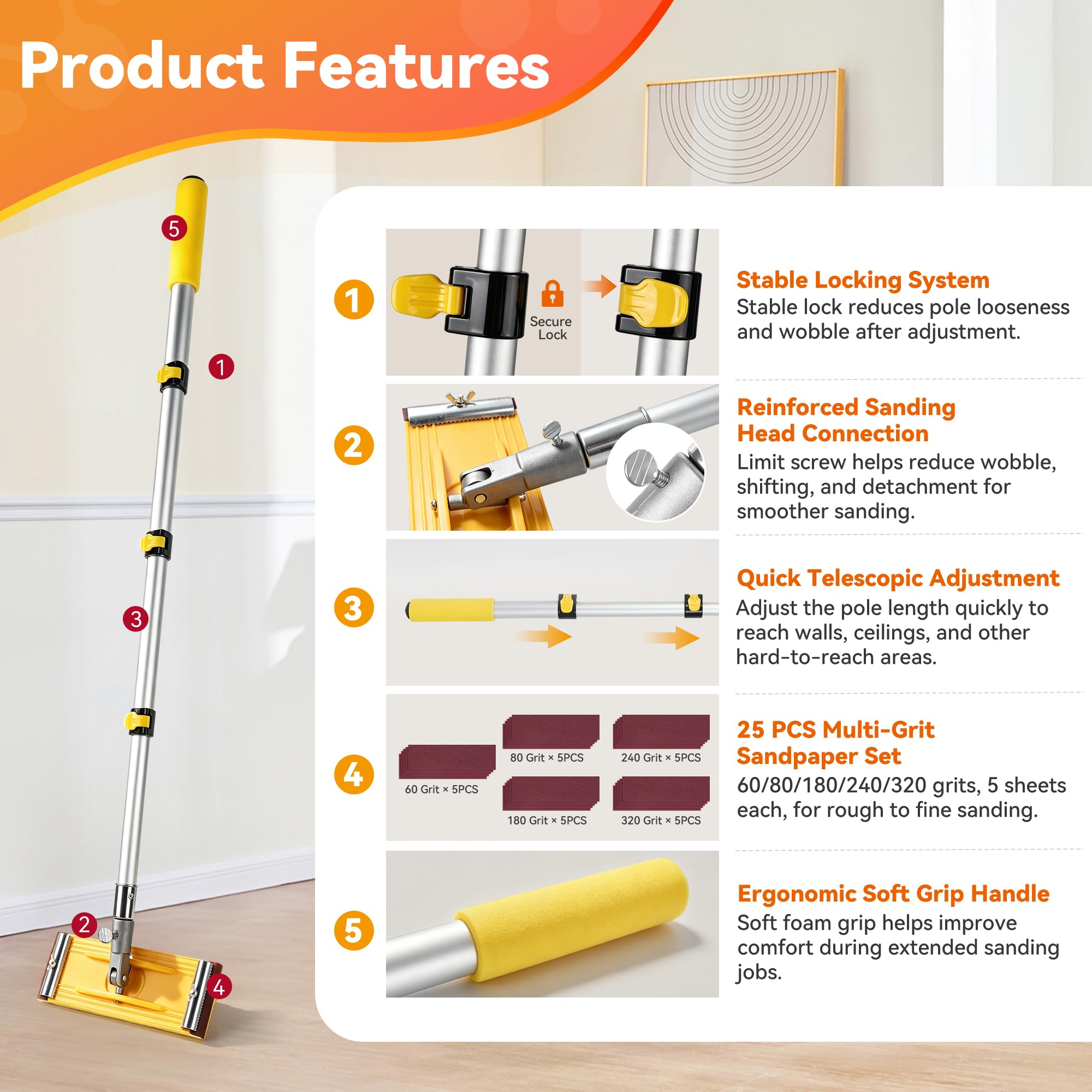 Drywall Pole Sander - Telescoping & 25 Sheets -2