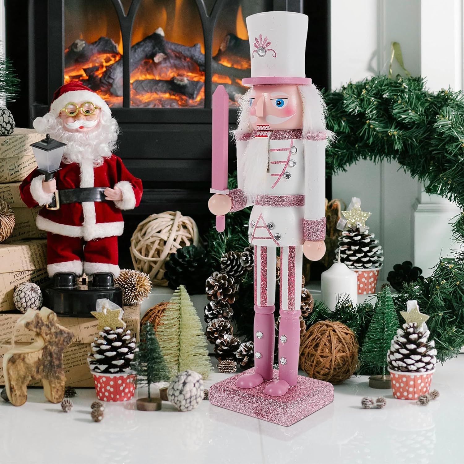 YARNOW Christmas Pink Wood Nutcracker Figurine 30cm Soldier Ornament Xmas Wooden Nutcracker Craft Decoration for Holiday Home and Table Display