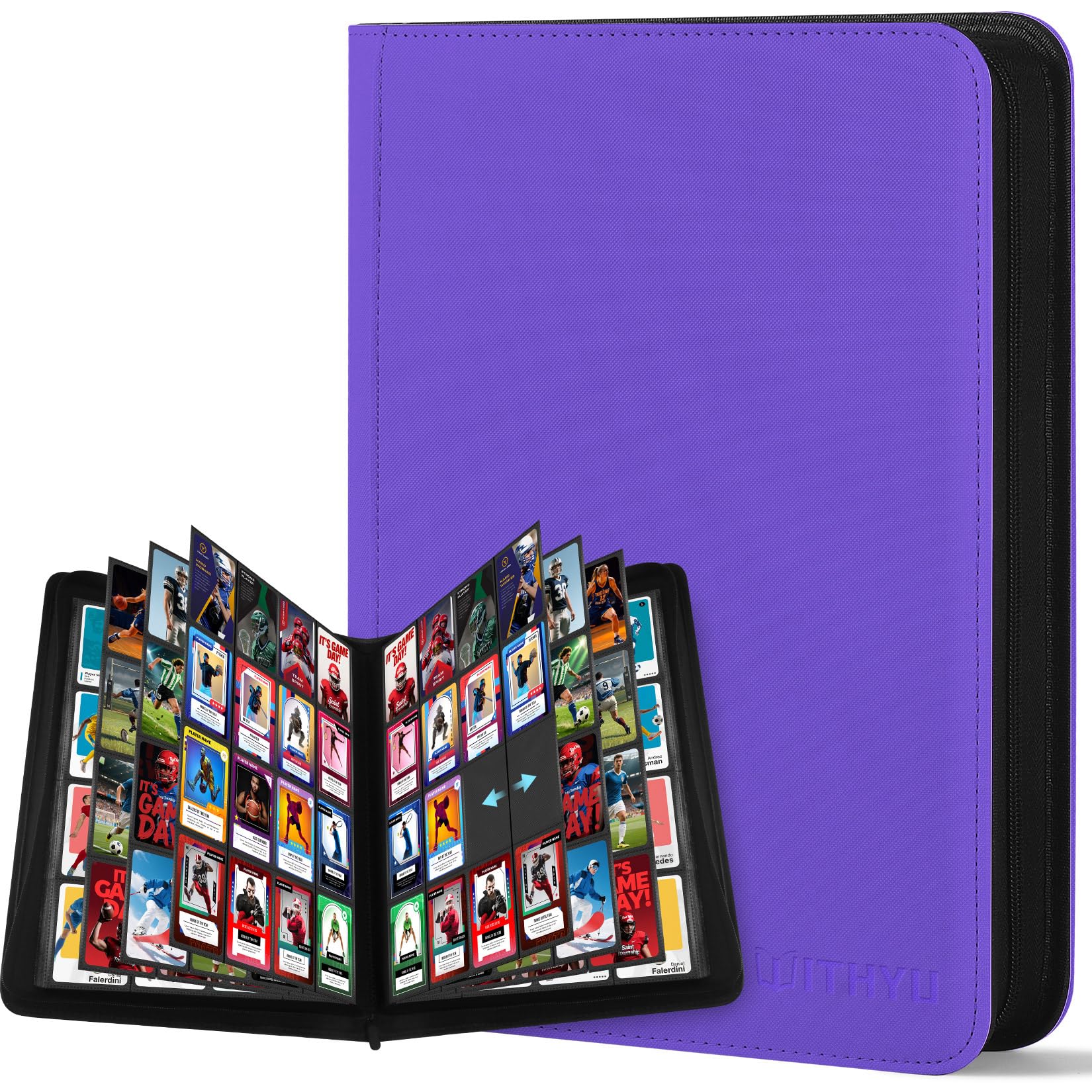 WITHYU Album da Collezione per Carte 16 Tasche, Capacità 1024 Carte - Portacarte Impermeabile Caricamento Laterale con Zip per TCG, Calcio & Collezioni, Portatile (Viola)