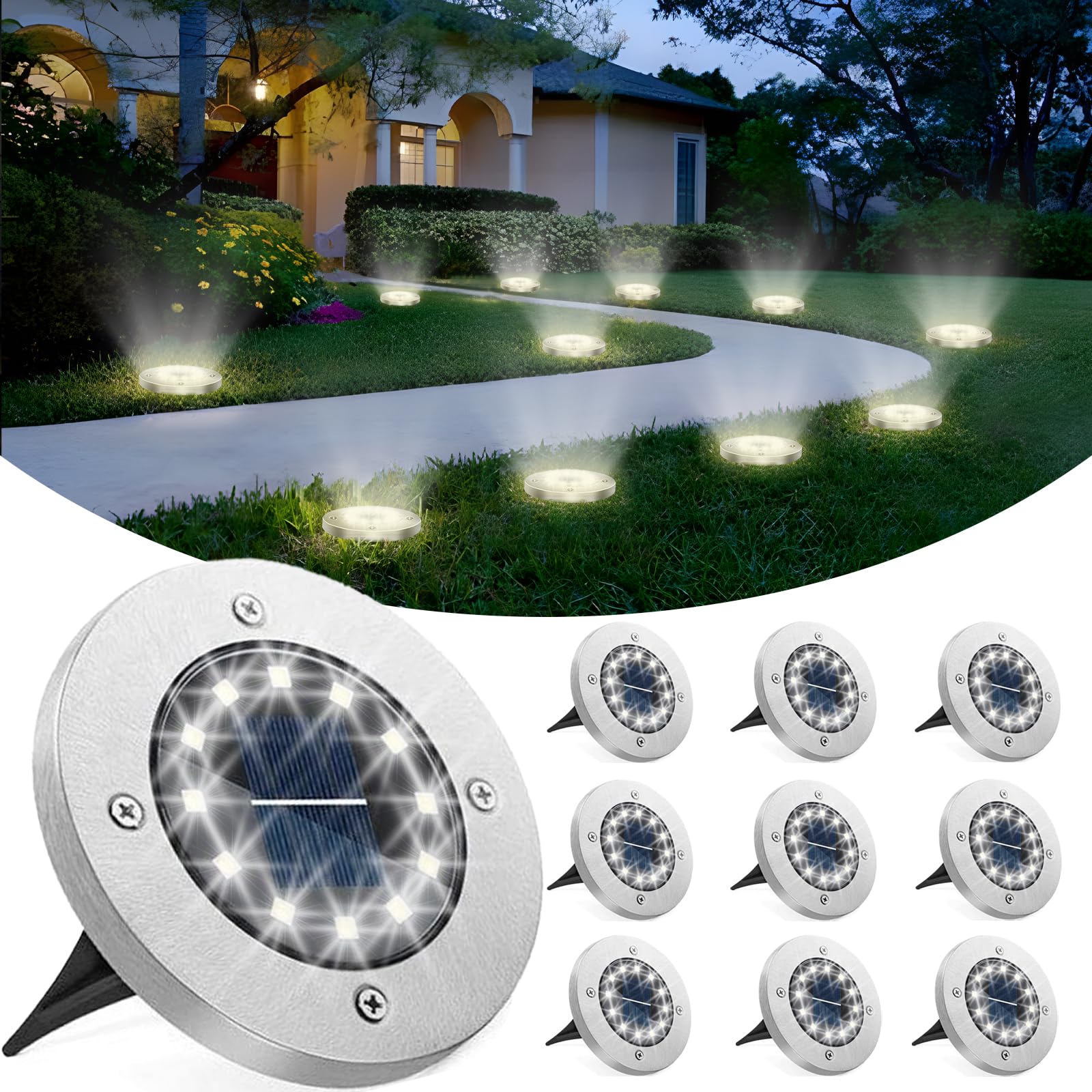 Melofo Solar Lights Outdoor Garden, 8 Pack Solar Ground Lights, 12 LED Disk Light IP65 Waterproof, Flat Pathway Lighting for Garden Lawn Patio Deck Walkway Landscape (White)