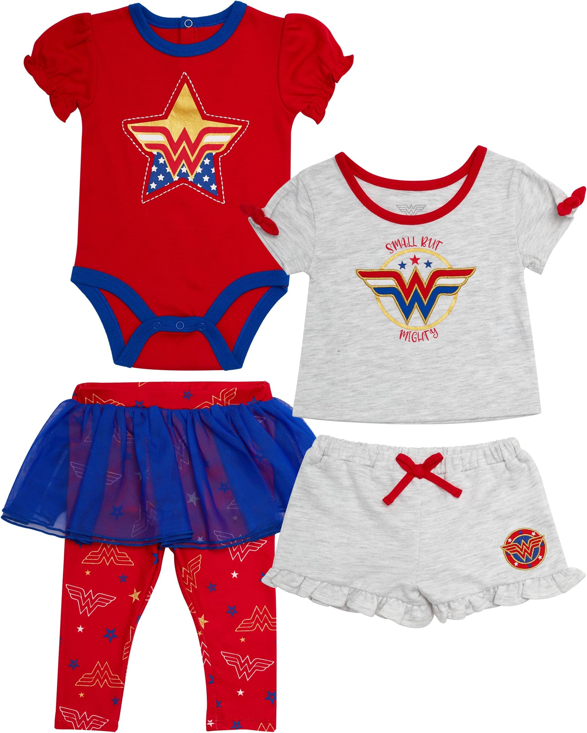 Baby Girls 4 Piece Set - Short Sleeves T-Shirt, Legging Pants with Tutu Skirt, Bodysuit, Drawstring Shorts