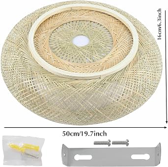 20 Flush Mount Ceiling Light Fixture Boho Rattan Ceiling Light Fixture, Hand-Woven Shade Bamboo Woven Wicker Light Fixture Drum Rustic Farmhouse Chandelier for Dining Room Bedroom Restaurant