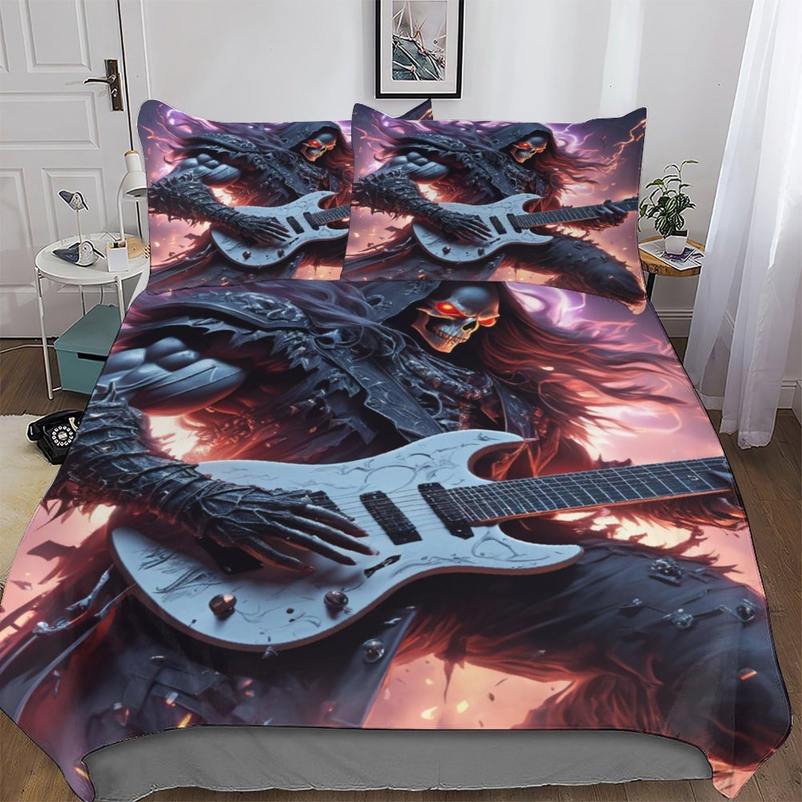 Guitar Skeleton Man Duvet Cover, Soft & Cosy Polycotton Quilt Cover Bedding Sets 2 Pieces With Pillowcase Easy Care Anti Allergic Comforter Cover for Kids, Youth And Adult Single (135x200cm)