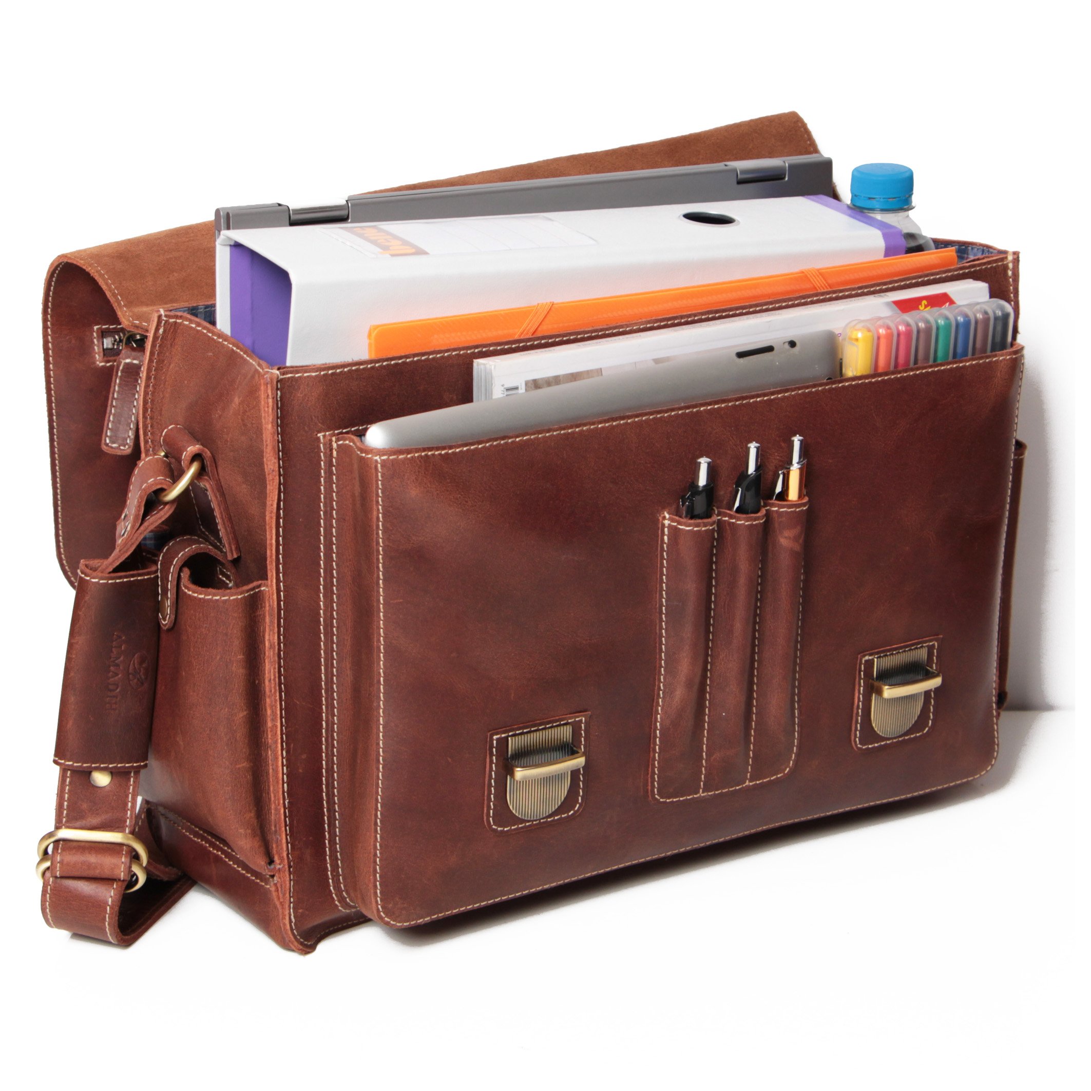 ALMADIH Leder Messenger *WILL* handgefertigt aus robustem Premium Rindsleder braun Vintage Sattlerqualität - Umhängetasche Laptoptasche Notebook Businesstasche Lehrertasche Unitasche Schultertasche