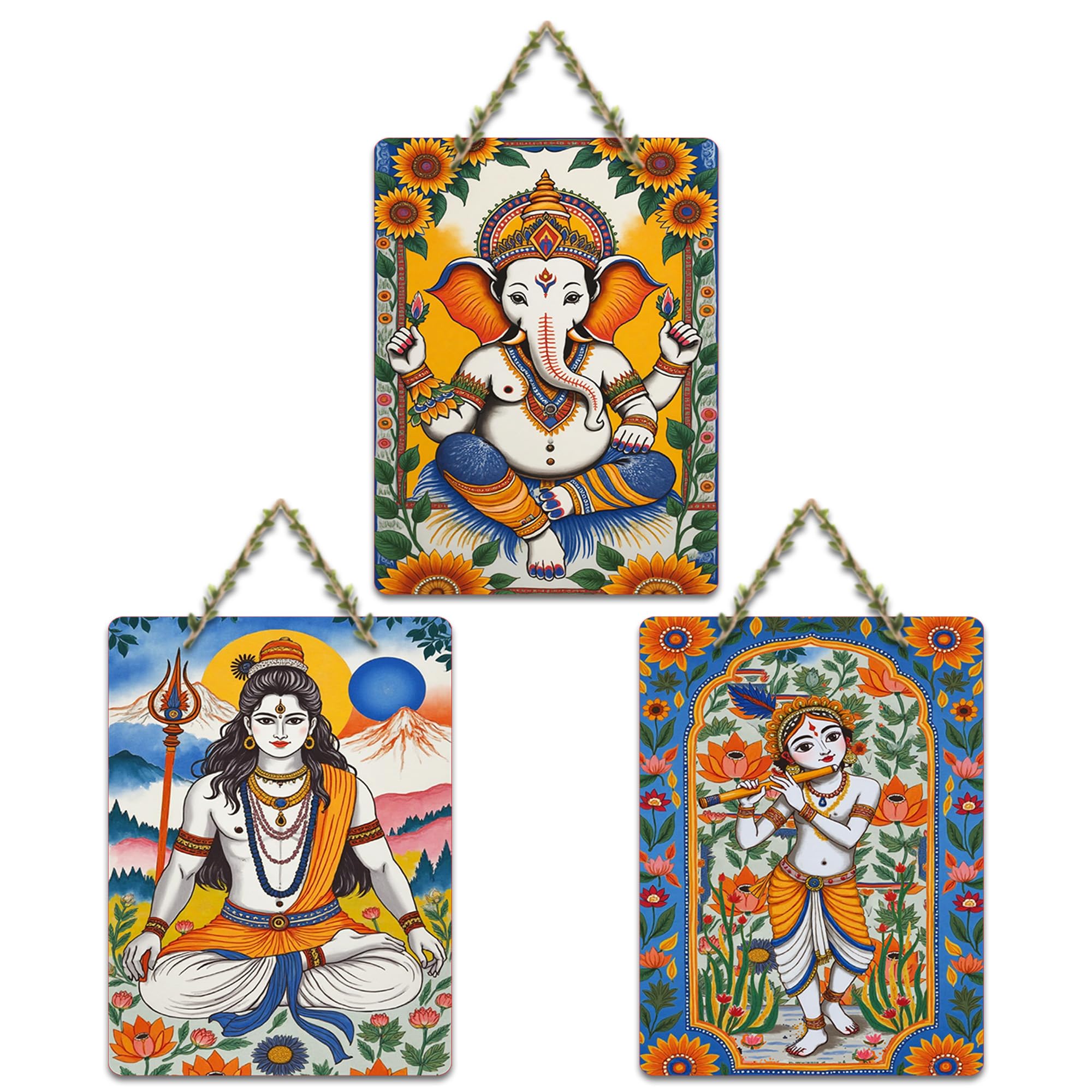 Artvibes Divine Ganesha Mahadev & Krishna Sacred Art Wooden Wall Hanging | Religious Gift | Temple | Wooden Wall Decor | Wall Decoration For Living Room | Decorative | Temple | Pooja Room (WH_9630N)