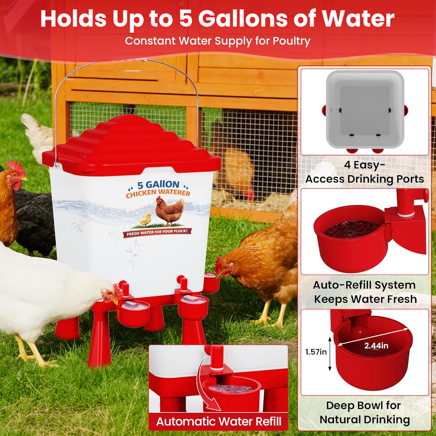 Chicken Feeder and Waterer Set, 5 Gallon Automatic Chicken Waterer with Cups, 40LB Large Chickens Feeders No Waste, Chicken Coop Accessories, Poultry Feeder & Chicken Watering System for Ducks, Quails