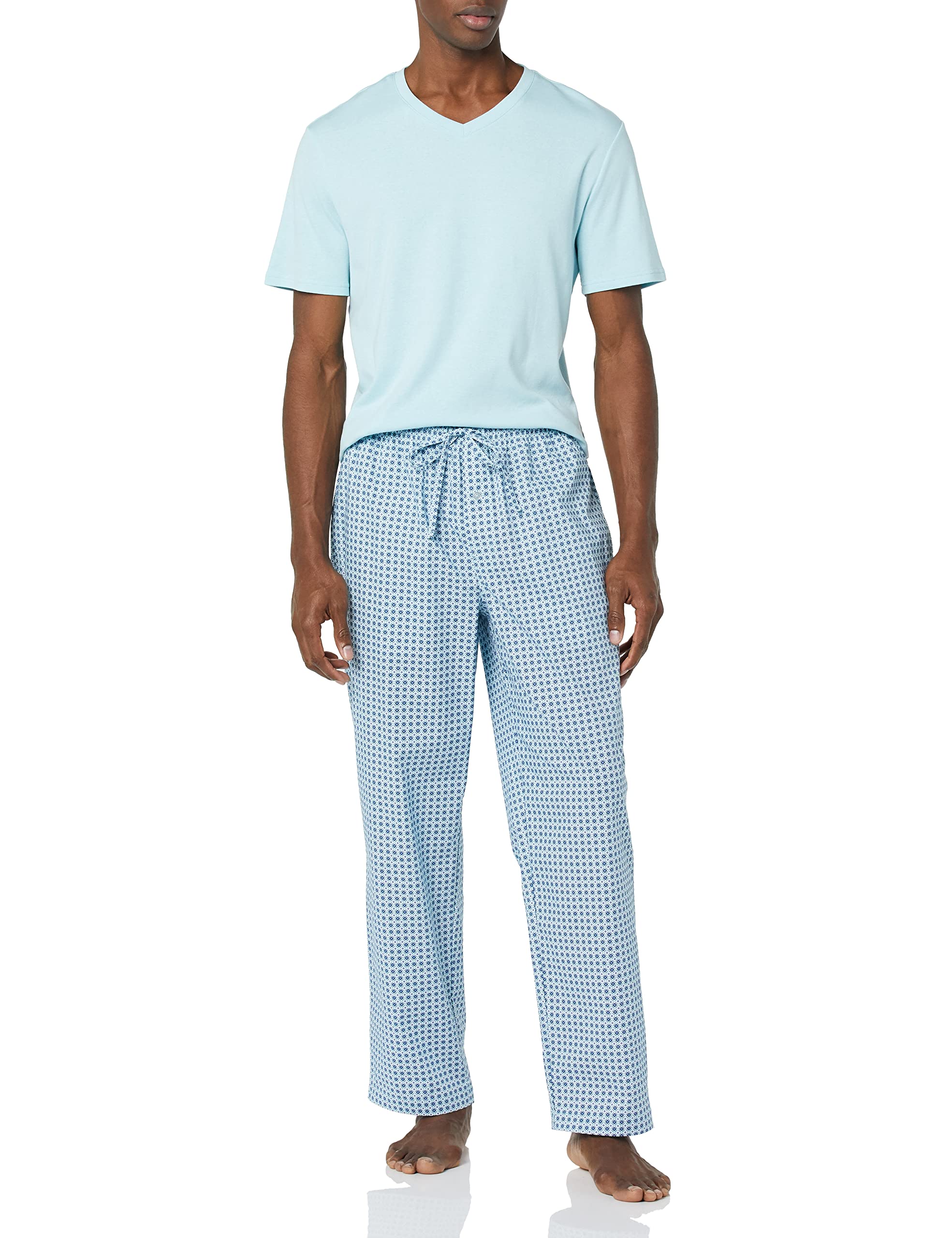 Amazon Essentials Men's Cotton Stretch Poplin Pant With Cotton Jersey T-shirt Pajama Set, Light Blue Geo Print, XX-Small
