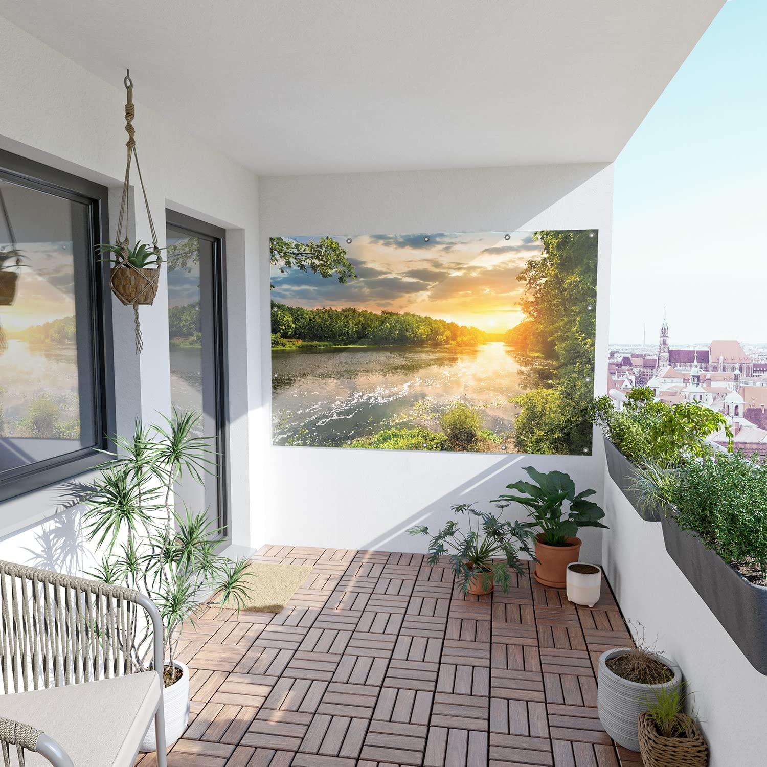 Wallario Outdoor-Poster für Garten oder Balkon Sonnenuntergang am Fluss in grüner Umgebung, Motivbanner Größe: ca. 120 x 180 cm, Outdoor-Bild