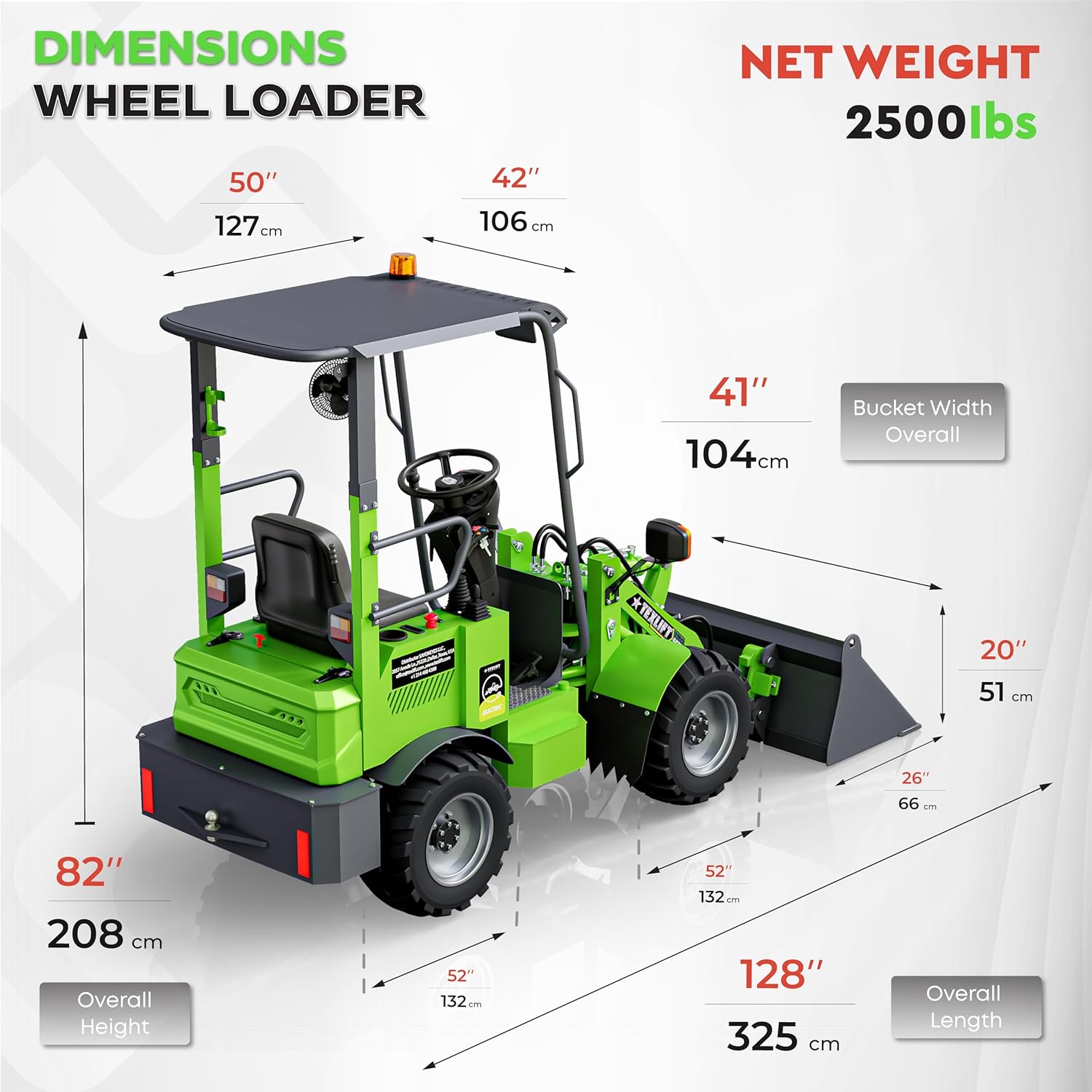 Diagram showing the dimensions of the TEXLIFT Mini Skid Steer Loader