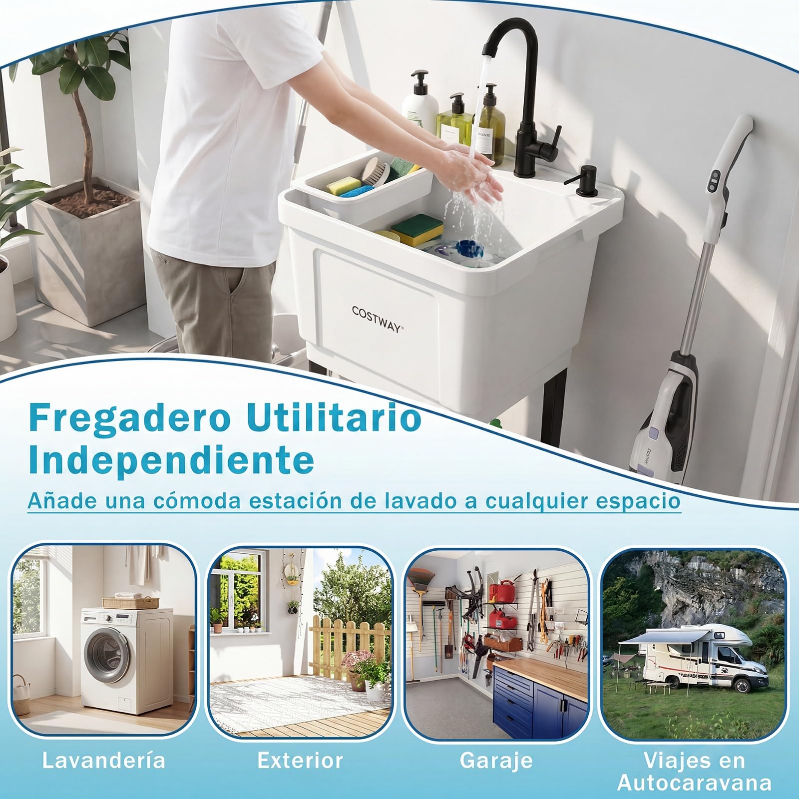 COSTWAY Fregadero Utilitario de Plástico, Fregadero Portatil con Patas Metálicas, Grifo Giratorio 360°, Dispensador de Jabón, Jabonera y Estante, Pila de Lavar para Cocina Lavandería Garaje Jardín