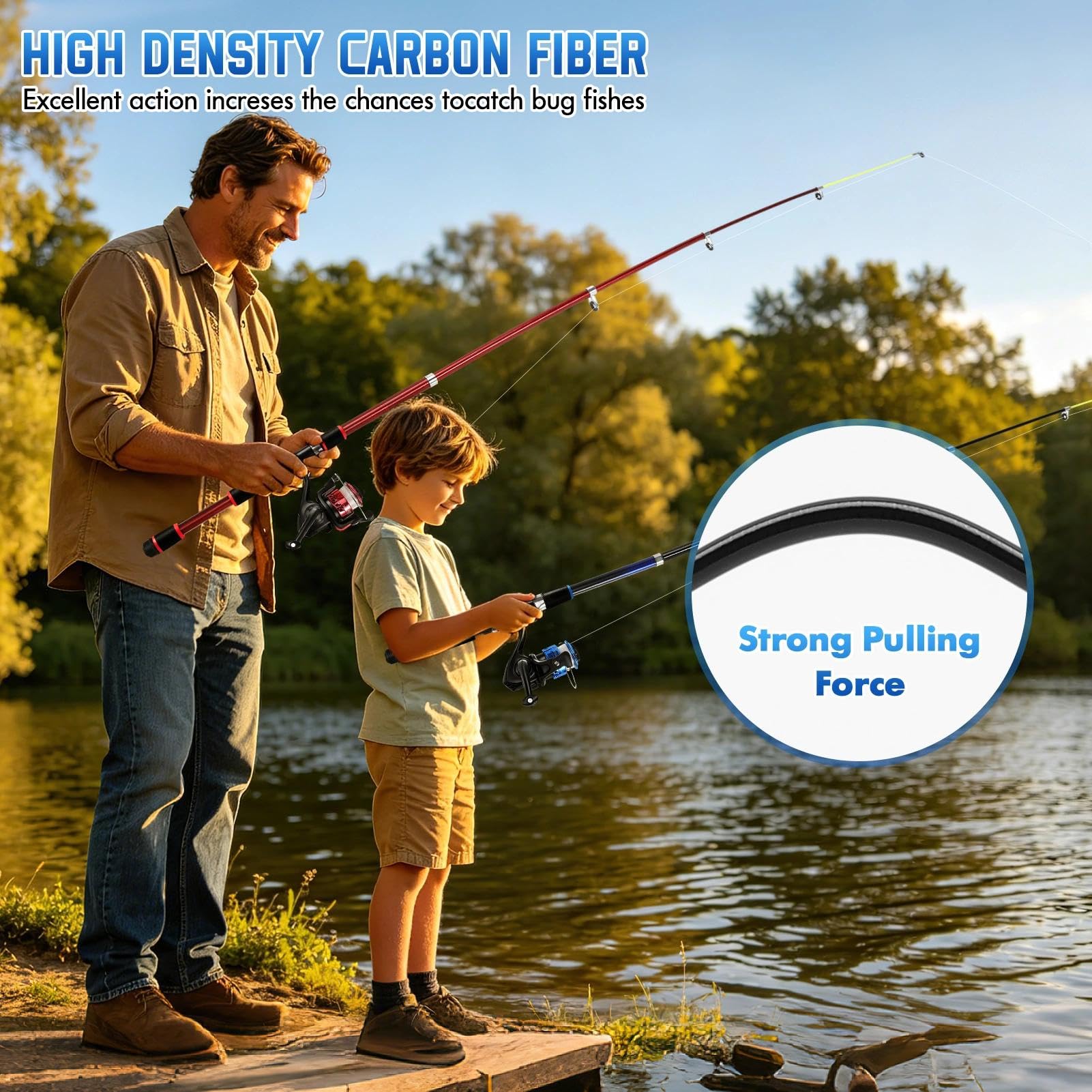 2Pcs Juego de caña de Pescar, 1.8m Caña de Pescar combinada con Carrete telescópico de Fibra de Carbono con línea/Accesorios de señuelos/Bolsa de Transporte, para Viajes, Agua Salada o Dulce
