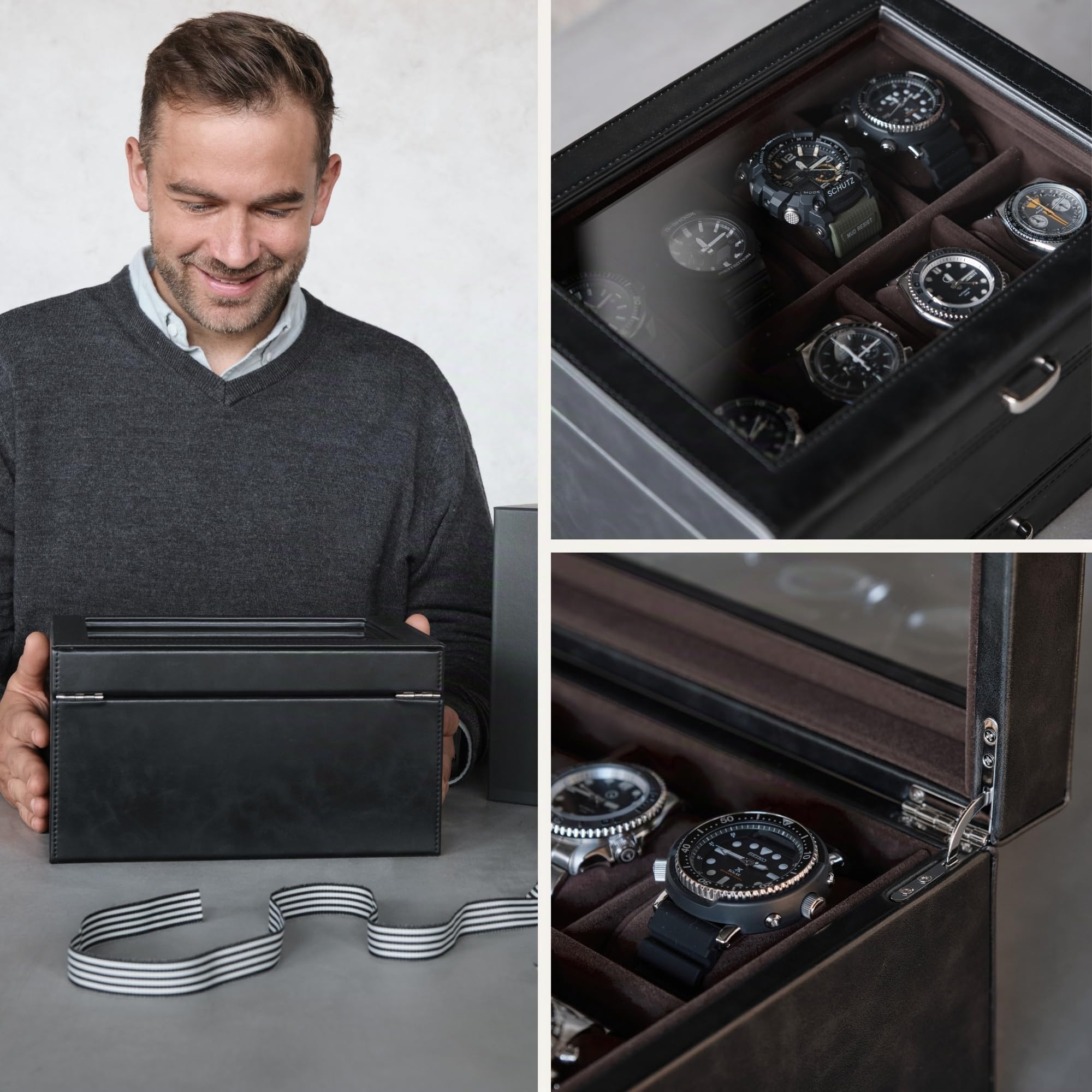 TAWBURY Uhrenbox für Herren - 8-Fach Uhrenkoffer mit Aufbewahrungsschublade, Echtglas-Display und extra breiten Kissen für große Uhren (Schwarz/Anthrazit)