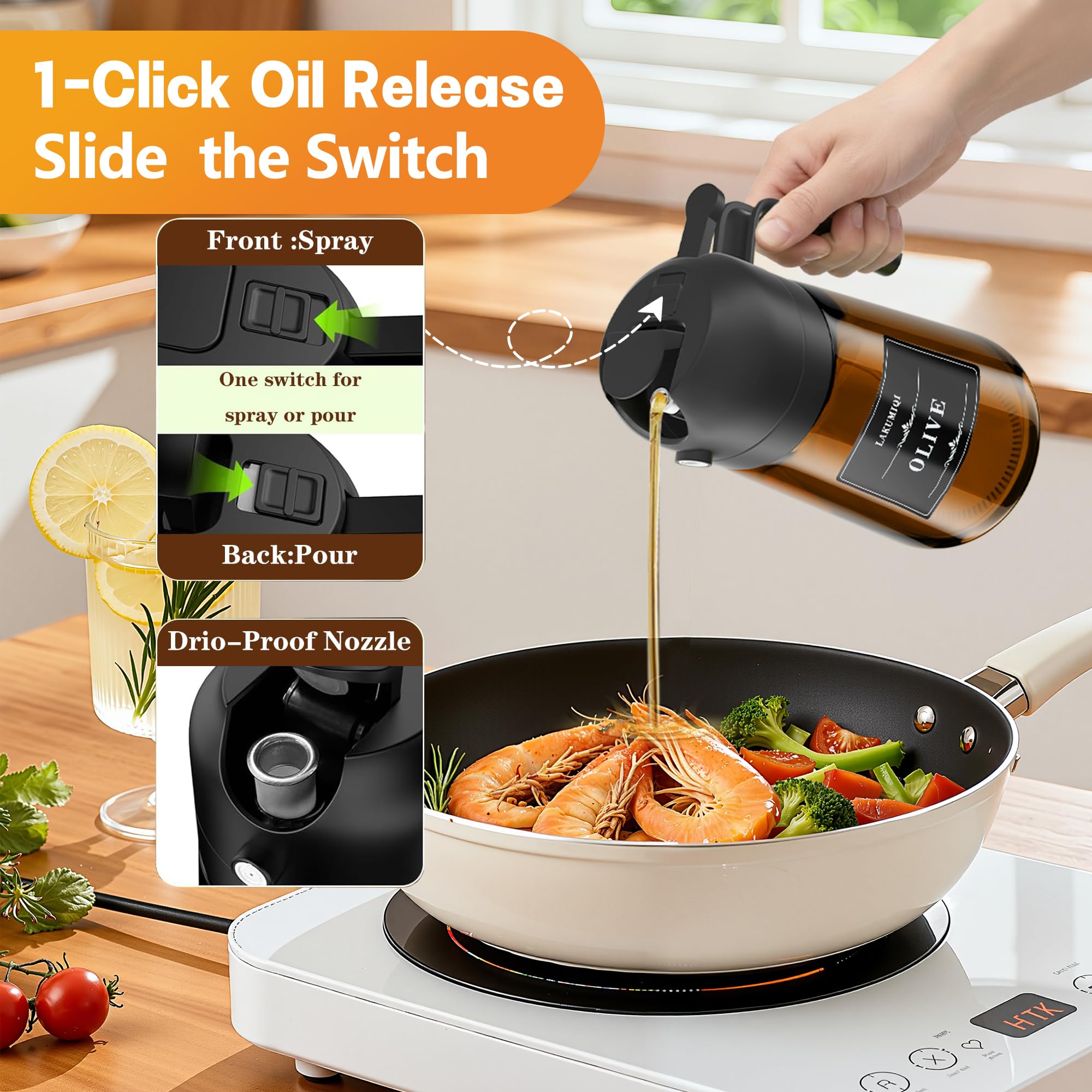 OURCABECUE Pulverizador de aceite para cocinar, botella dispensadora de aceite de oliva de vidrio de 16 onzas para utensilios de cocina, botella 2 en 1 de color marrón oscuro con calcomanías para