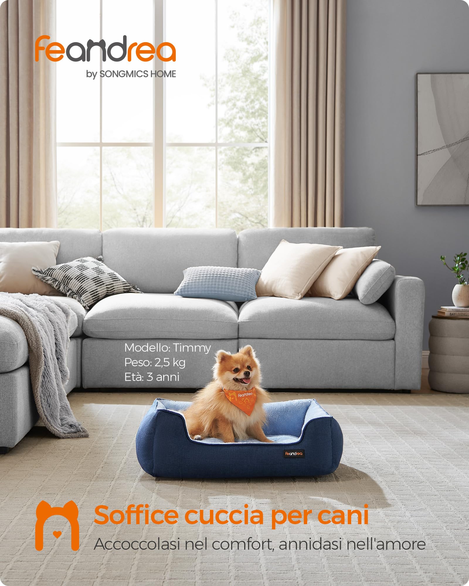 Feandrea Cuccia per Cani, Lettino per Animali in Simil Lino, Bordi Rialzati, Fondo Antiscivolo, Copertura Sfoderabile per Lavaggio, M per Cane Piccolo, 70 x 55 x 21 cm, Blu Pallido PGW010Q01