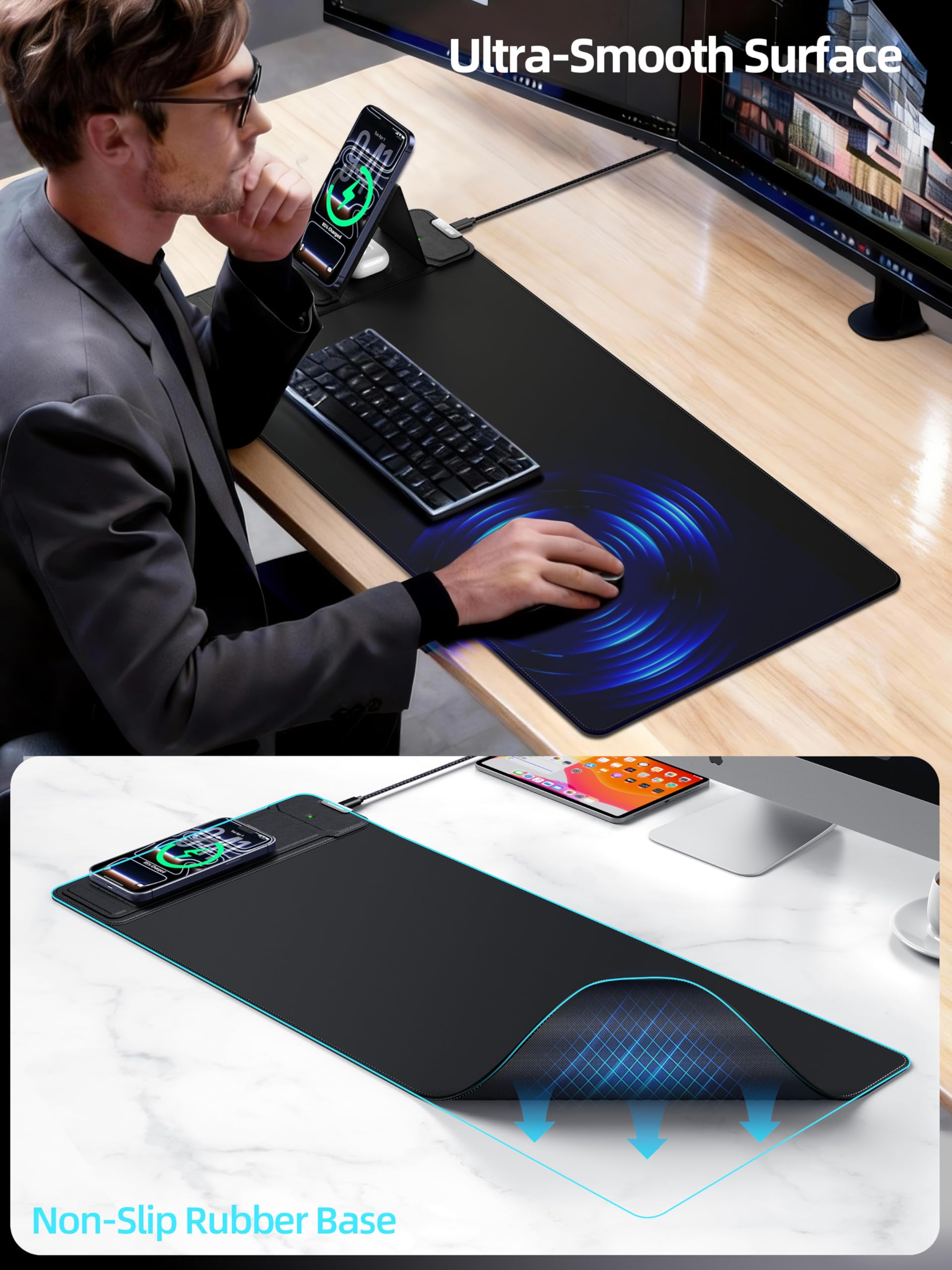 Tappetino per mouse con ricarica wireless magnetica e supporto regolabile per telefono, tappetino da scrivania esteso da 70 x 30 cm, tappetino per tastiera impermeabile ultra liscio, base antiscivolo