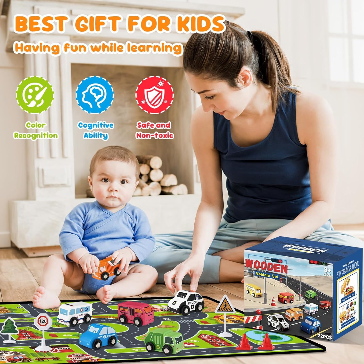 Toddler Car Toys, Toy Cars for Toddlers, Wooden Cars Toys for Toddler Boy, 22 PCS Cars and Trucks Toy Vehicles Set with Playmat, Storage Box, Wood Montessori Toys for Baby Birthday Gift
