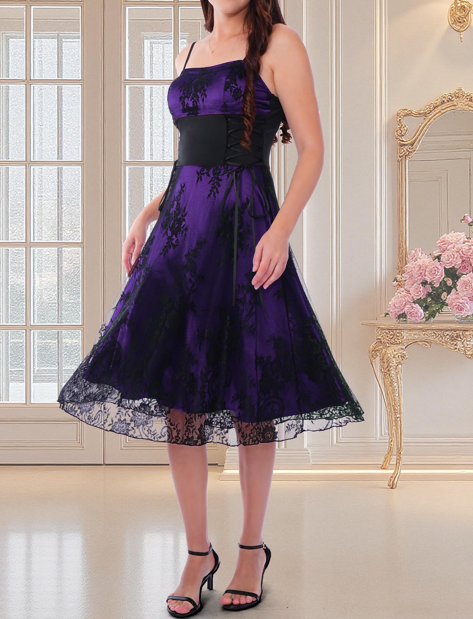 Womens Western Lace Costume Goth Vampire Dresses Victorian Vintage Outfits Mesh Flowy Spaghetti Strap Gowns Medieval Bride Wedding Dress Purple M - Image 2