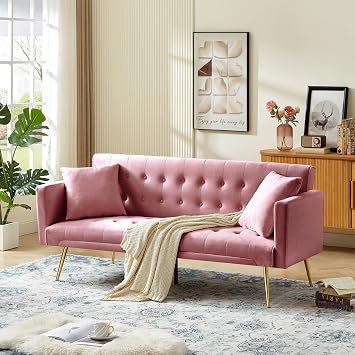 Modern Velvet Loveseat Convertible Sleeper Couch with 2 Pillows, Futon Sofa Bed with Upholstered Folding Recliner, Small Sofa Couches with Tufted Back and Metal Legs for Living Room Pink