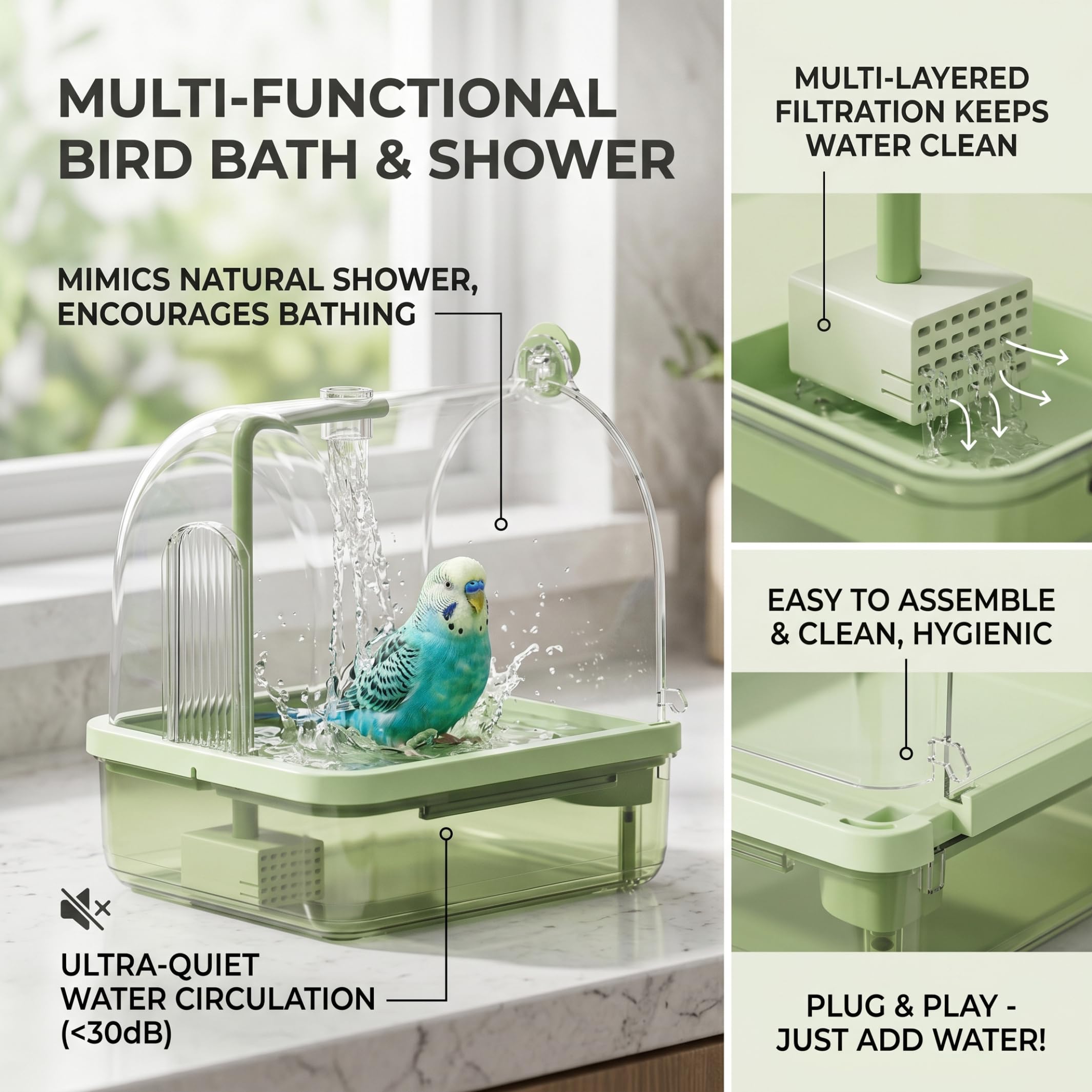 Abbeveratoio automatico per uccelli da interno, pappagallo trasparente con accessori per gabbia filtrata circolante, verde
