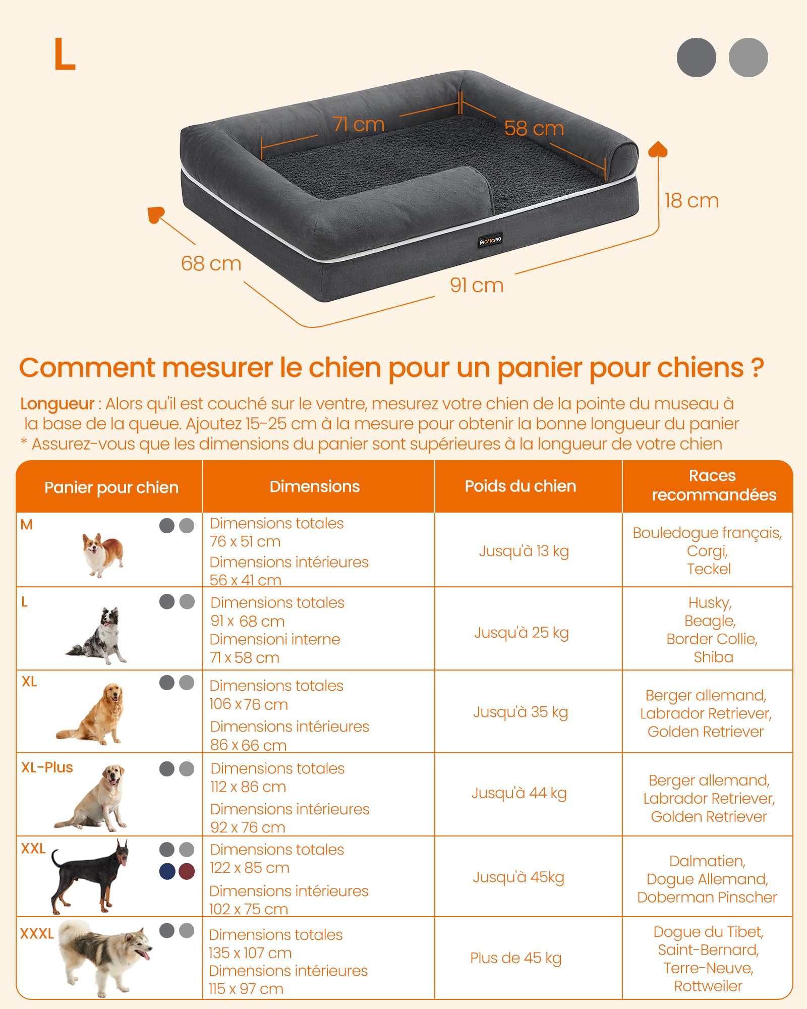 Feandrea Panier pour Chien Orthopédique, Canapé, Lit pour Animaux, Rembourrage Moelleux, Bords Rehaussés, Housse Amovible et Lavable, 91 x 63 x 18 cm, Antidérapant, Gris Foncé PGW076G01V1