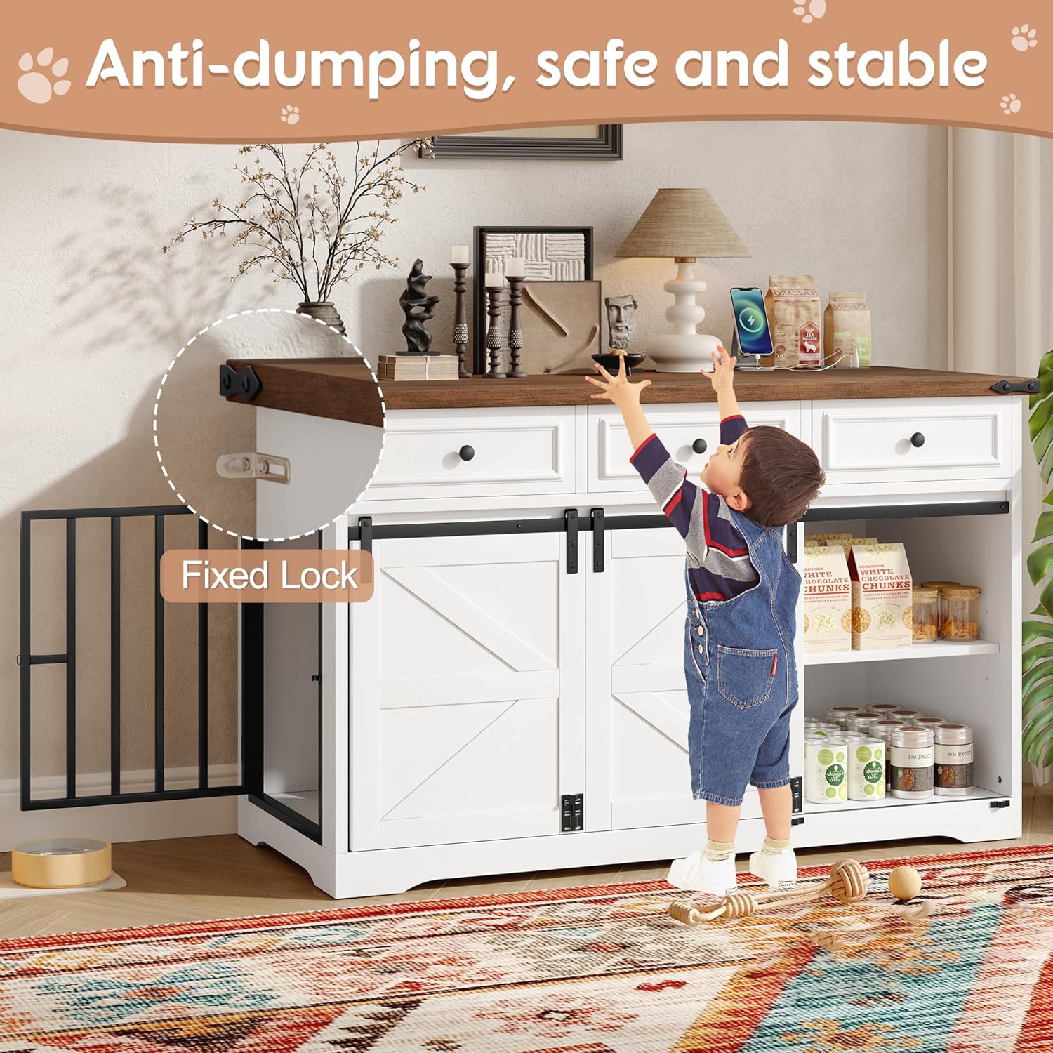 55.1" Dog Crate Furniture, Wooden Large Dog Kennel l with Side Door and Sliding Barn Door Farmhouse Dog Crate with 3 Storage Drawers, for Medium Dogs (White)