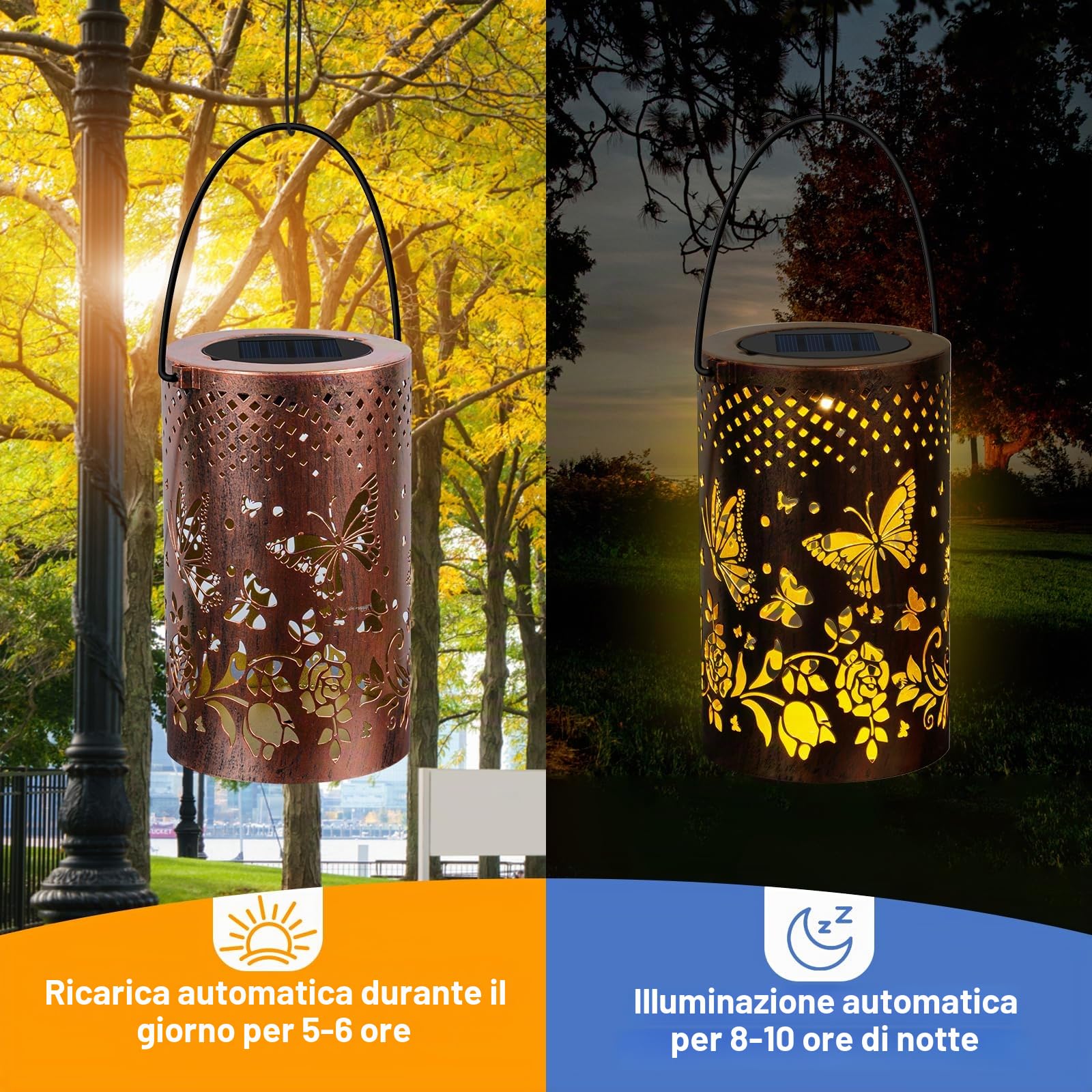 Qoosea Lanterne Solari da Esterno Farfalla Decorative LED Luci da Giardino in Metallo con Ganci IP65 Impermeabile Lanterna Solare Lampade Solari da Giardino Decorazioni