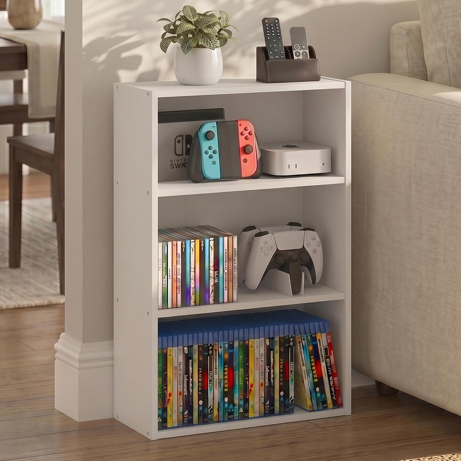 Furinno Basic DVD Shelf, 3-Tier CD Rack, Cube Storage, White image 3