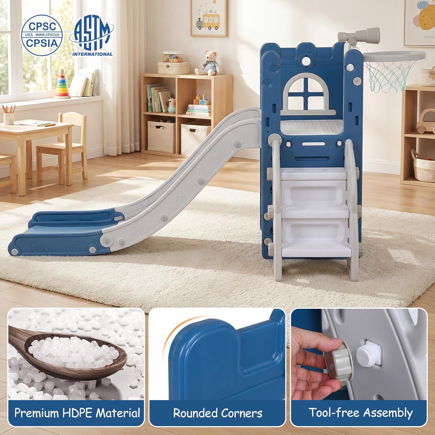 BABY JOY Toddler Slide, 6-in-1 Indoor Kids Slide Playset with Basketball Hoop, Telescope, Climbing Ladder & Storage Space, Freestanding Playhouse & Climber for Kids Aged 1-3 (Deep Blue)