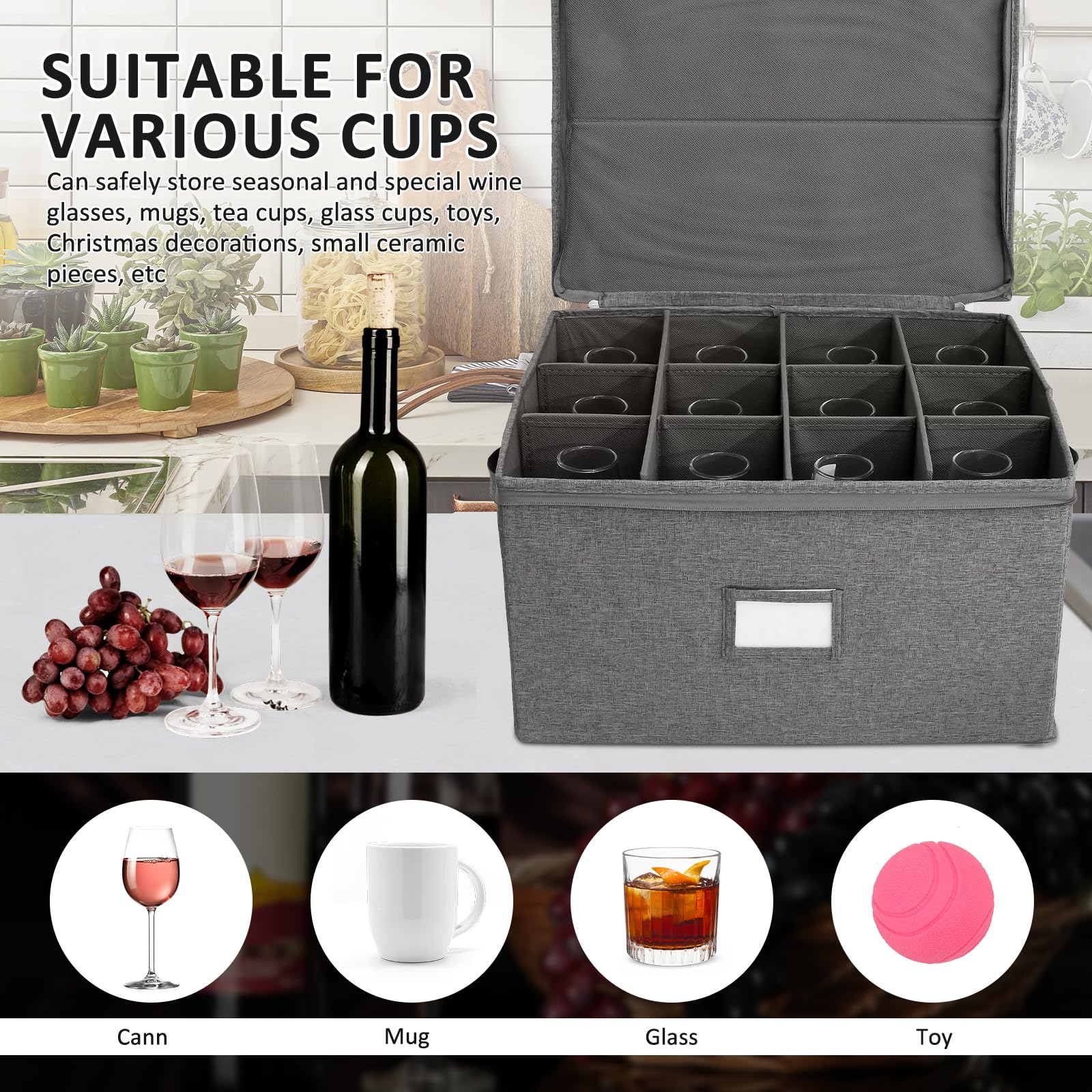 Caja de almacenamiento para copas de vino con 12 divisores, plegable, contenedor de almacenamiento de porcelana con asa, funda protectora apilable para bebidas, para fiestas, viajes, camping, mudanzas