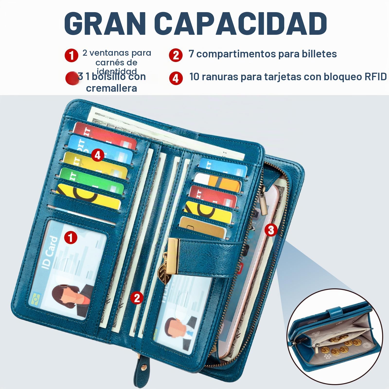 Luroon - Cartera para Mujer Larga, Gran Capacidad, RFID de Bloqueo de Piel auténtica, Monedero para Mujer, Elegante Cartera para Fiesta con 24 Ranuras para Tarjetas
