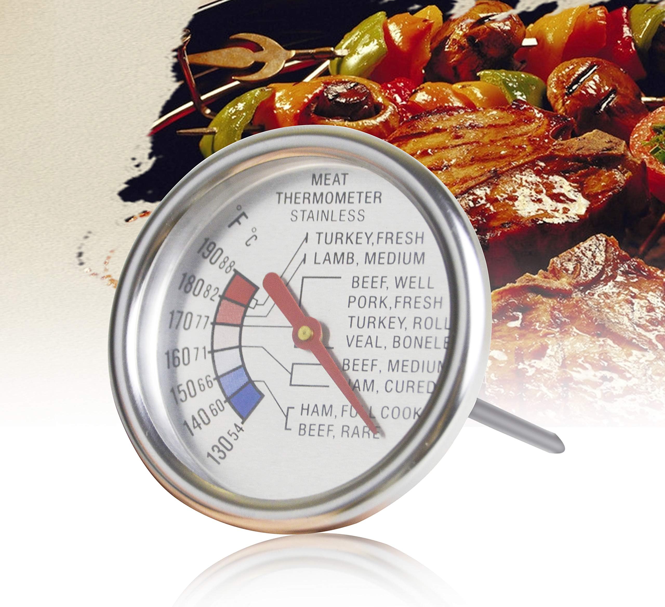 Roasting Meat Thermometer T729E,Stainless Steel Classic Fry Meat Thermometer,Silver Easy-Read Face for BBQ Household