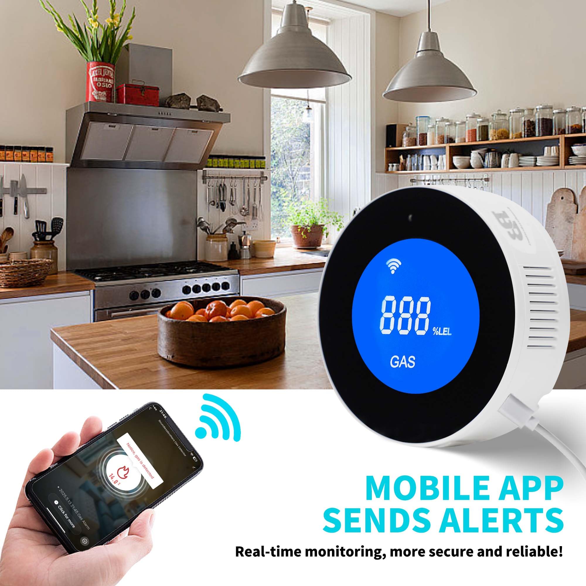 Czujnik Gazu WiFi Detektor Wycieków Gazu Ziemnego Metanu LPG Alarm 85 dB LCD EN 50194 Kompatybilny z Alexa Google Home Smart Life Tuya